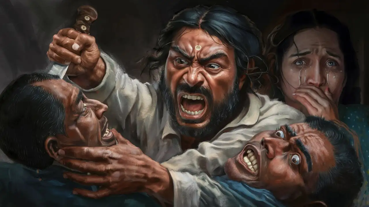 An angry Indian man is trying to attack another Indian man with a knife, a woman is crying behind him, realistic face