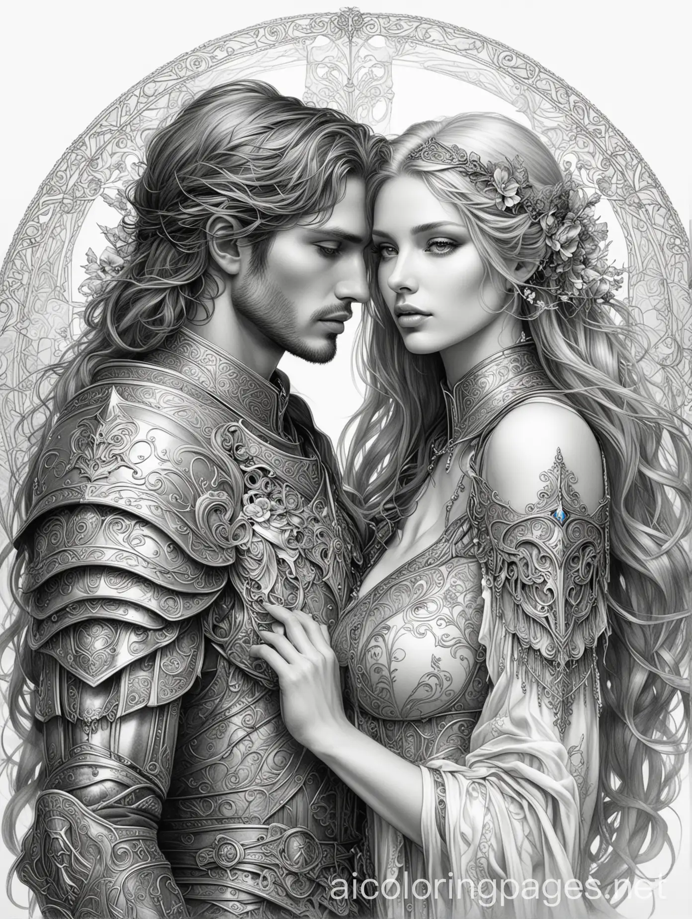 knight and his Lady , fantasy, ethereal, beautiful, Art nouveau, in the style of Yossi Kotler, fantasy, Coloring Page, black and white, line art, white background, Simplicity, Ample White Space. The background of the coloring page is plain white to make it easy for young children to color within the lines. The outlines of all the subjects are easy to distinguish, making it simple for kids to color without too much difficulty