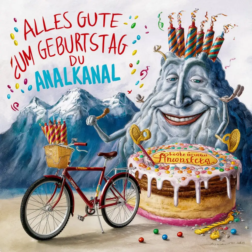 Mountains; Bicycle; Cake; "Happy birthday you anal canal"