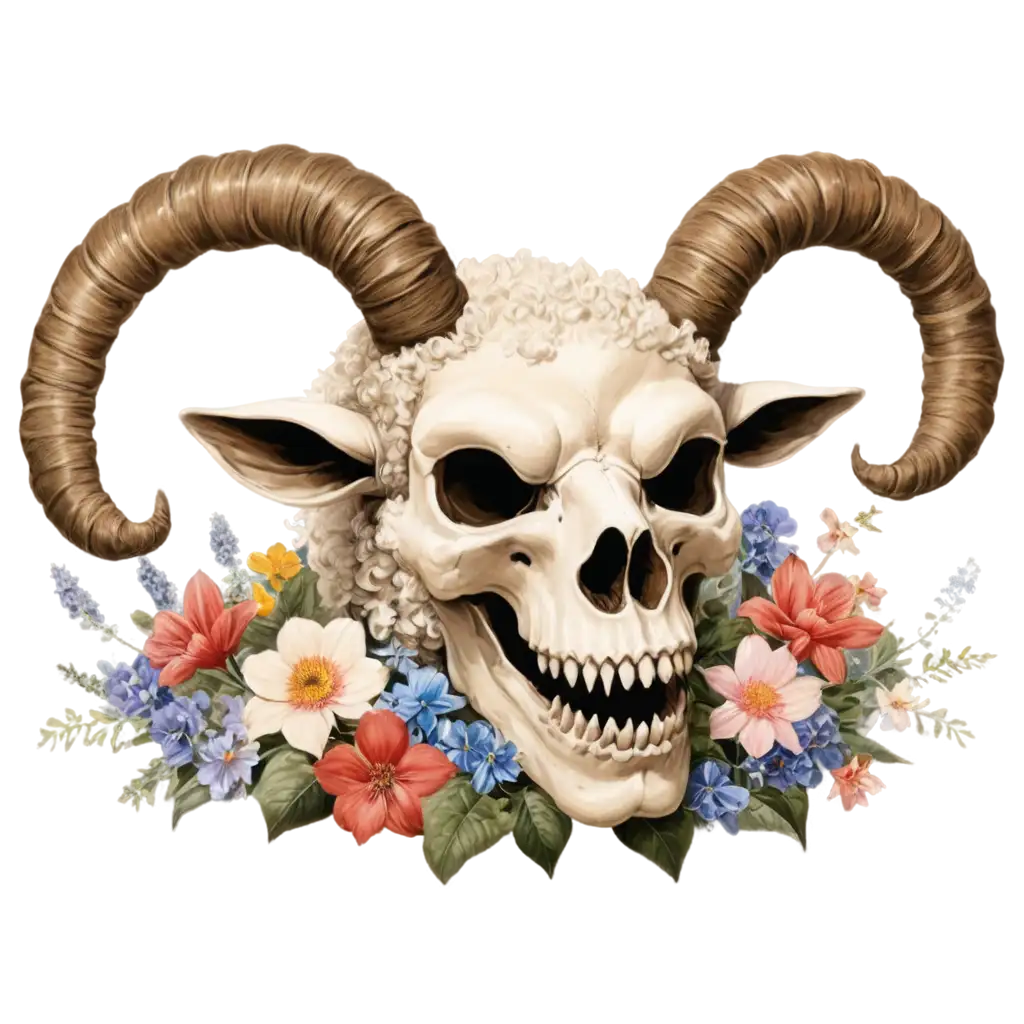 tengkorak domba menghadap kiri, gigi monster, mulut menganga, tanduk besar tajam, dikelilingi bunga-bunga dan bintang kecil, 