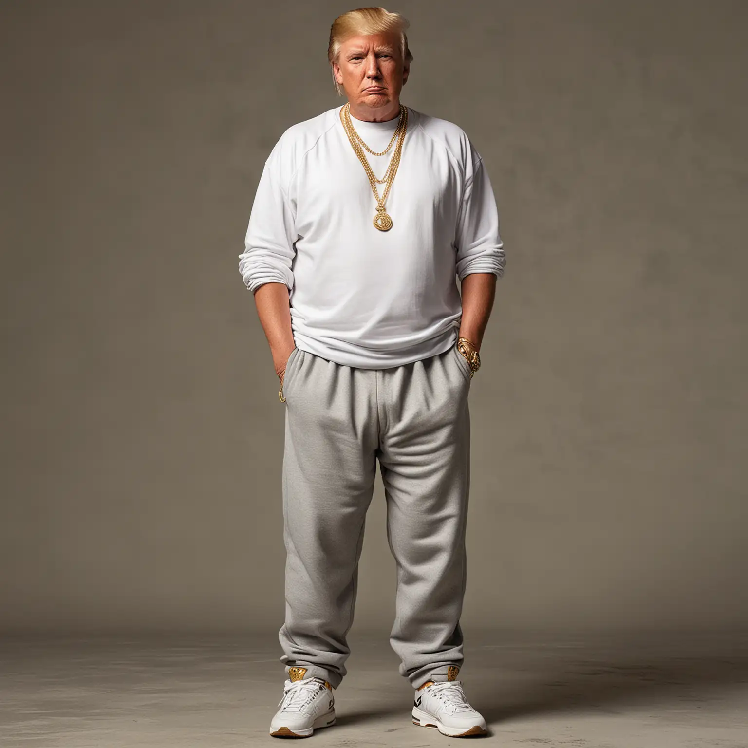 Donald trump in baggy sweatpants and wearing a gold chain