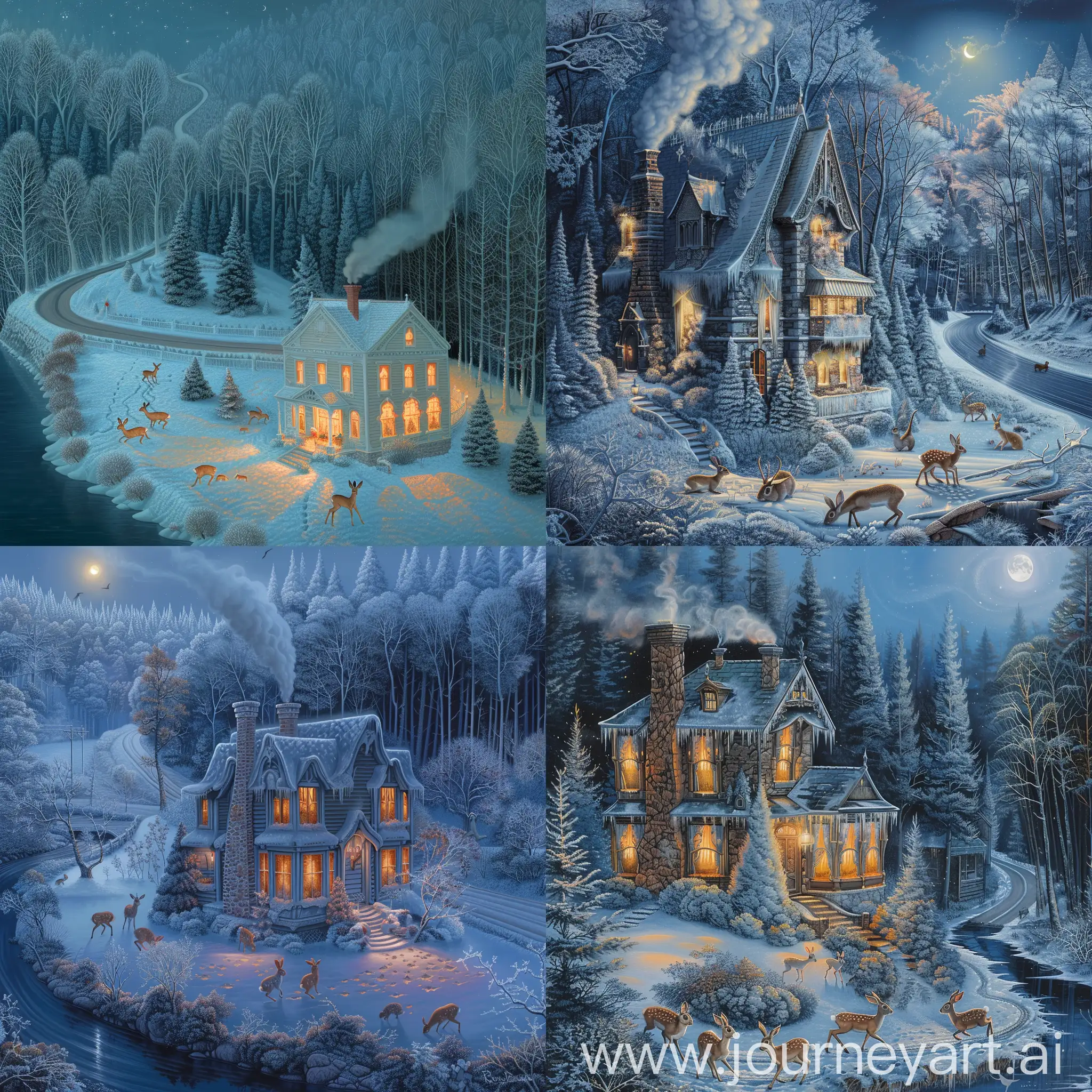 Enchanting-Winter-Scene-Glowing-House-Frosty-Forest-and-Playful-Wildlife