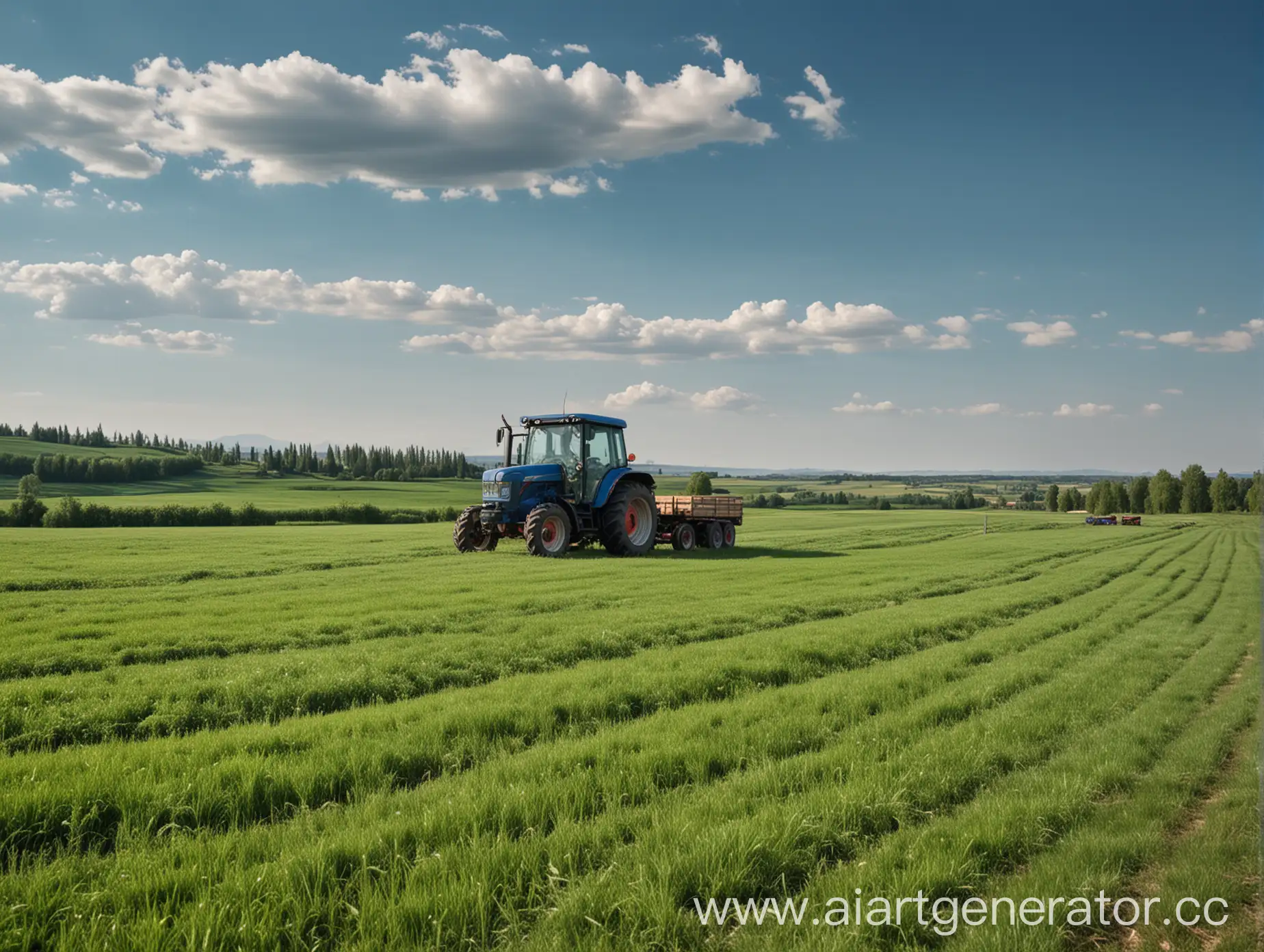 Blue-Tractor-Driving-on-Green-Meadow-in-Beautiful-Rural-Landscape