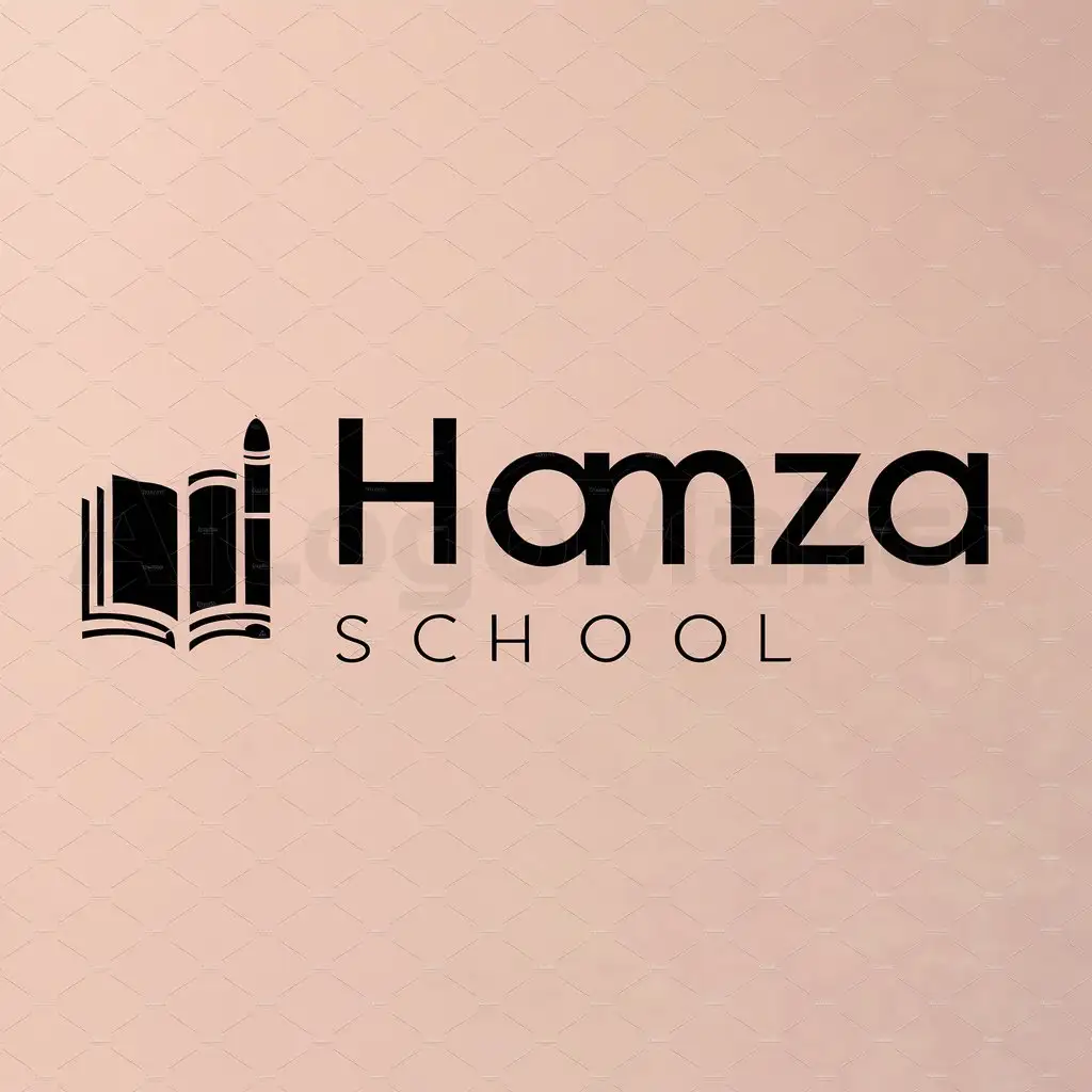 a logo design,with the text "Hamza School", main symbol:book and pen,Moderate,clear background