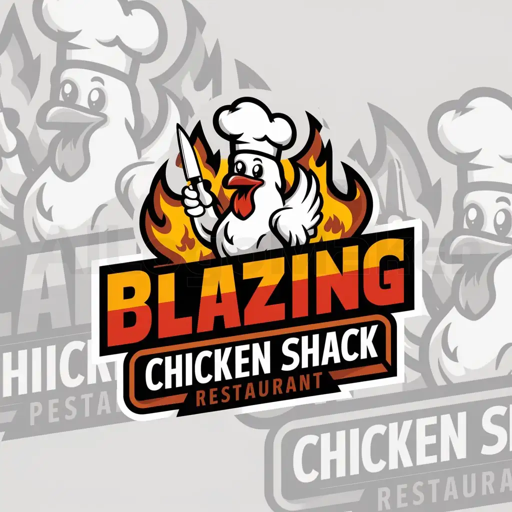 LOGO-Design-For-Blazing-Chicken-Shack-Cartoon-Chef-Chicken-with-Fire-and-Knife-Theme