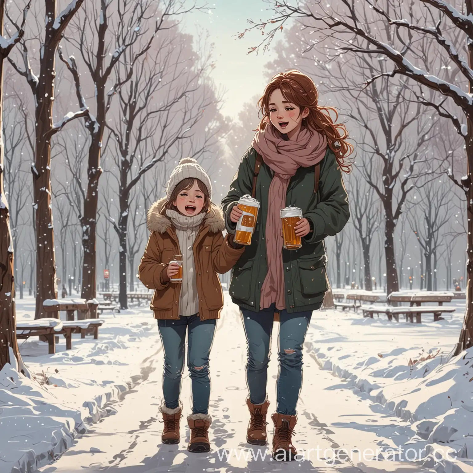 Mother-and-Son-Walking-in-Winter-Park-Emotional-Anime-Scene-with-Crying-Girl-Holding-a-Bear