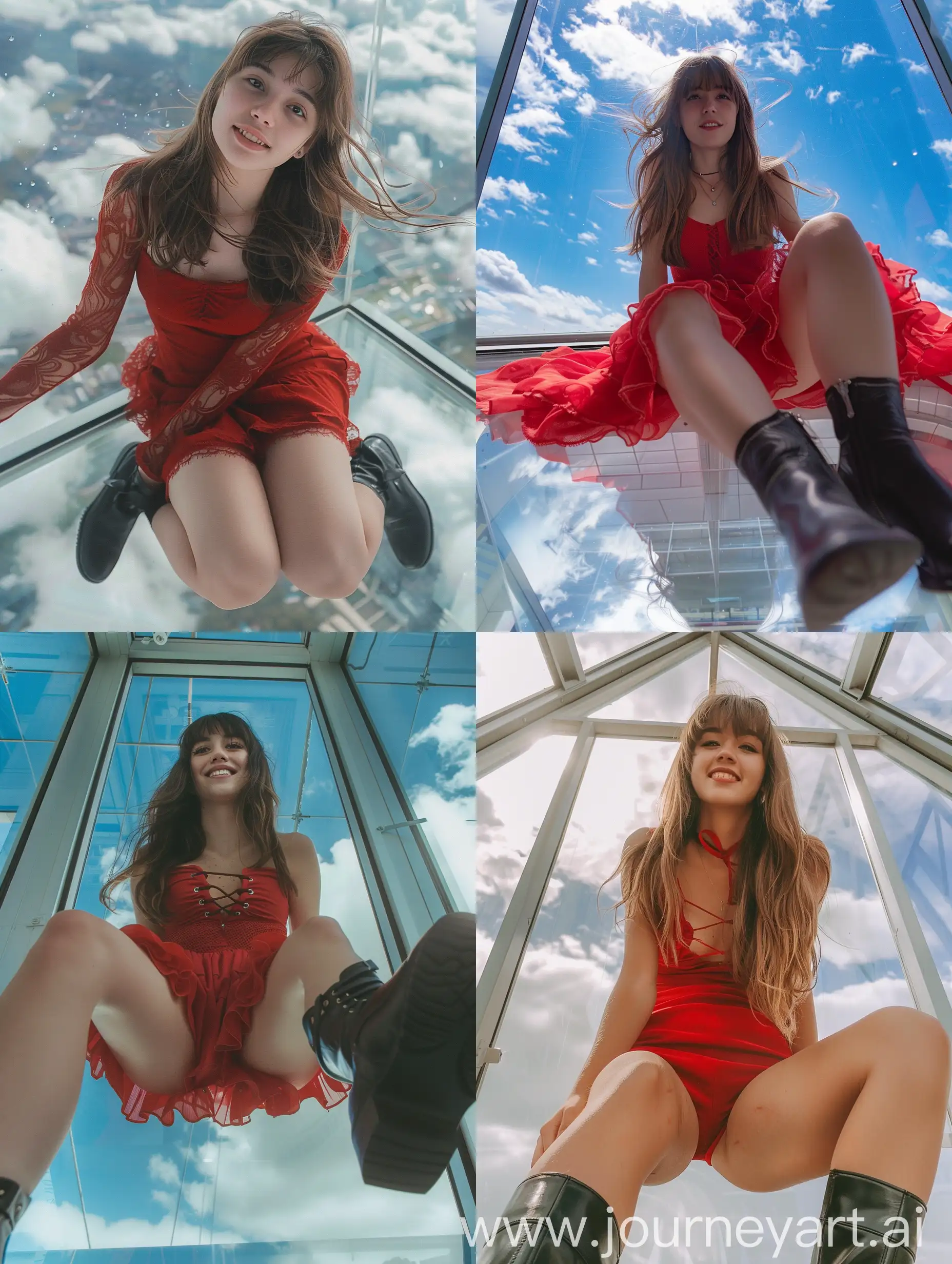 a girl, 22 years old, long  hair, bangs, bangs hair, red dress, curvy, fat legs, , black boots, smiling, , sitting on glass, no effects, selfie , iphone selfie, no filters, natural , iphone photo natural, camera down angle, sky view, down view