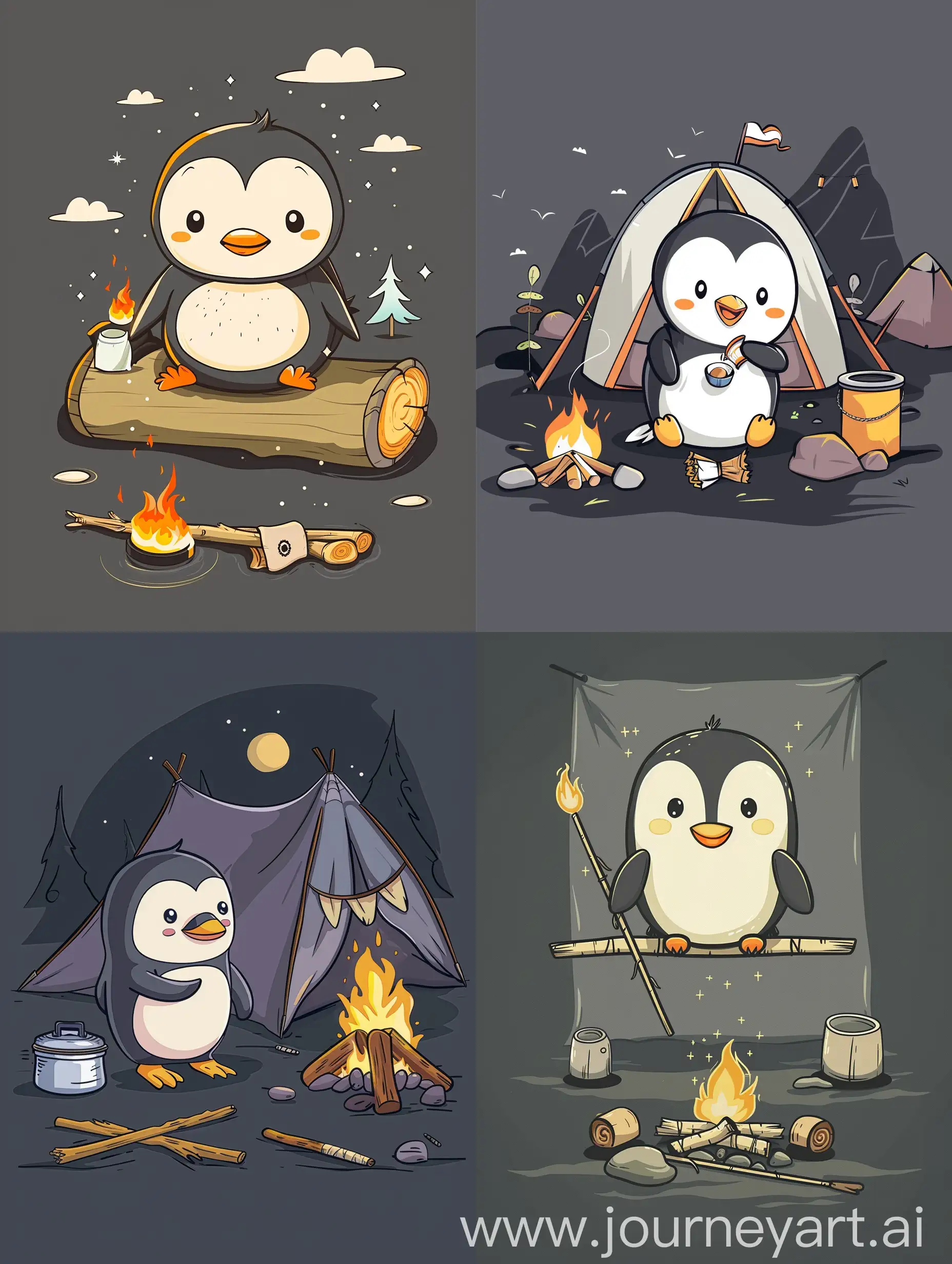 thin line style chibi cute penguin on a camping, with solid dark grey background, small object and center concentrated image, far view point