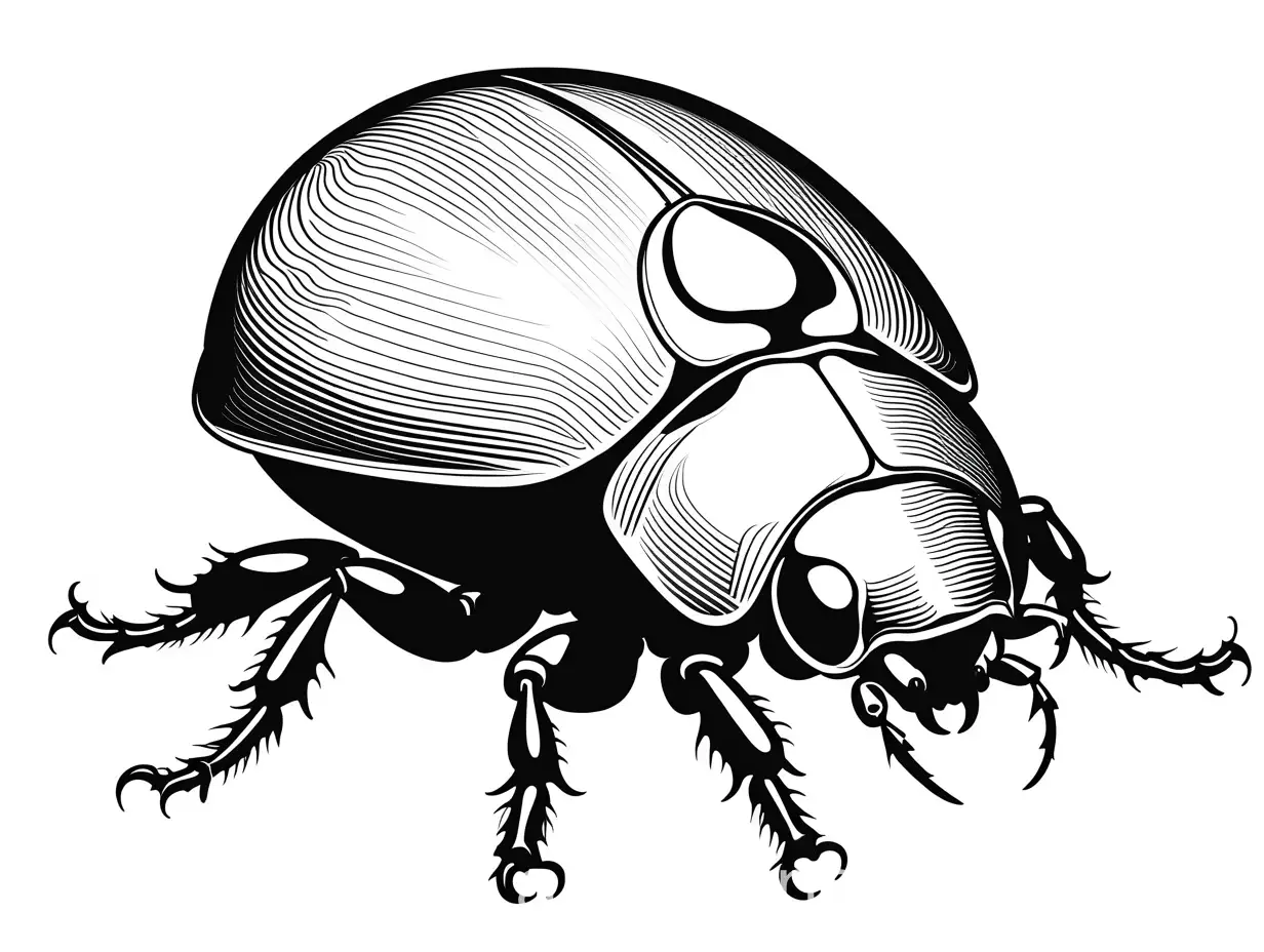 dung beetle, Coloring Page, black and white, line art, white background, Simplicity, Ample White Space. The background of the coloring page is plain white to make it easy for young children to color within the lines. The outlines of all the subjects are easy to distinguish, making it simple for kids to color without too much difficulty