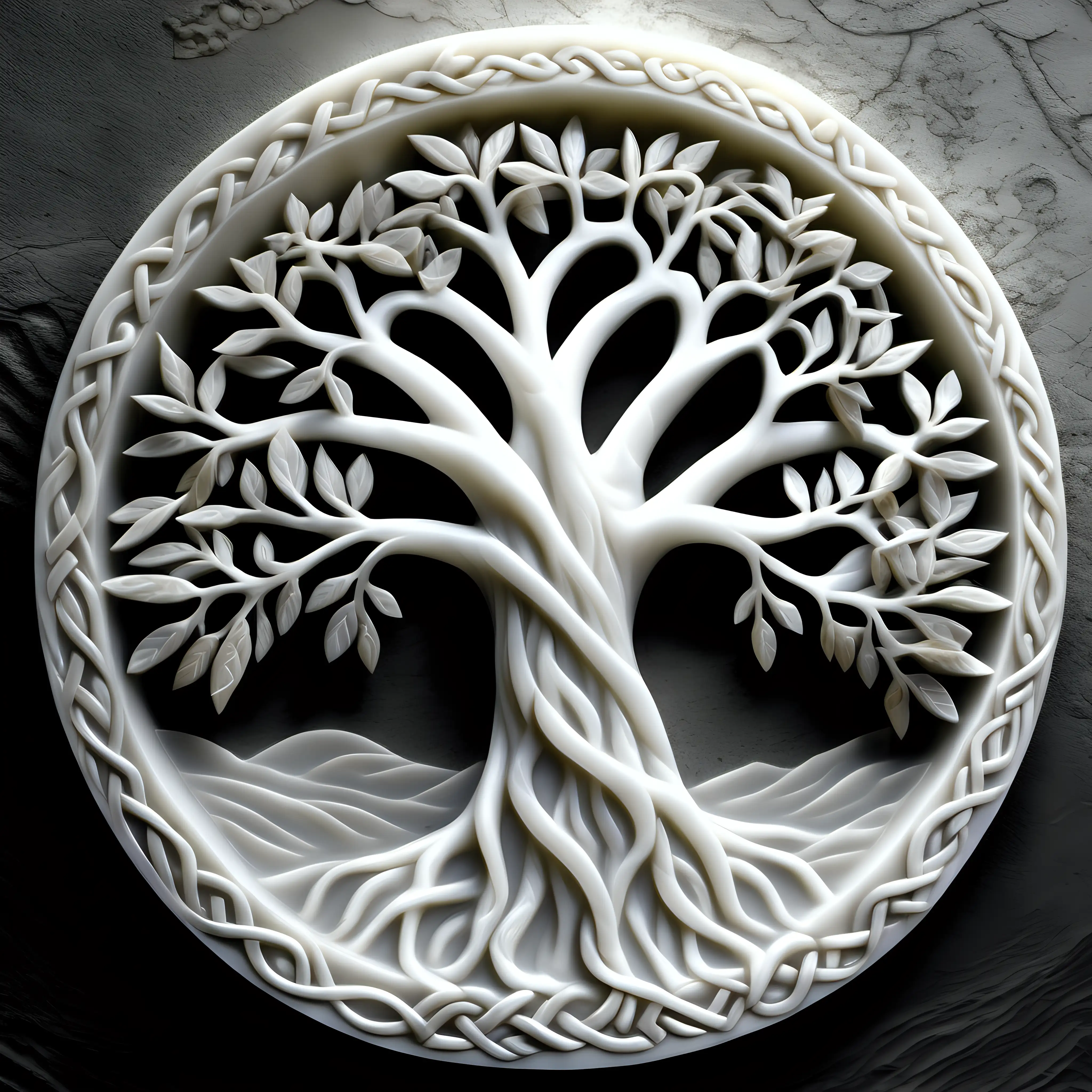 tree of life , Celtic, olive leaves, 3d relief carved in white alabaster in topographical gray scale