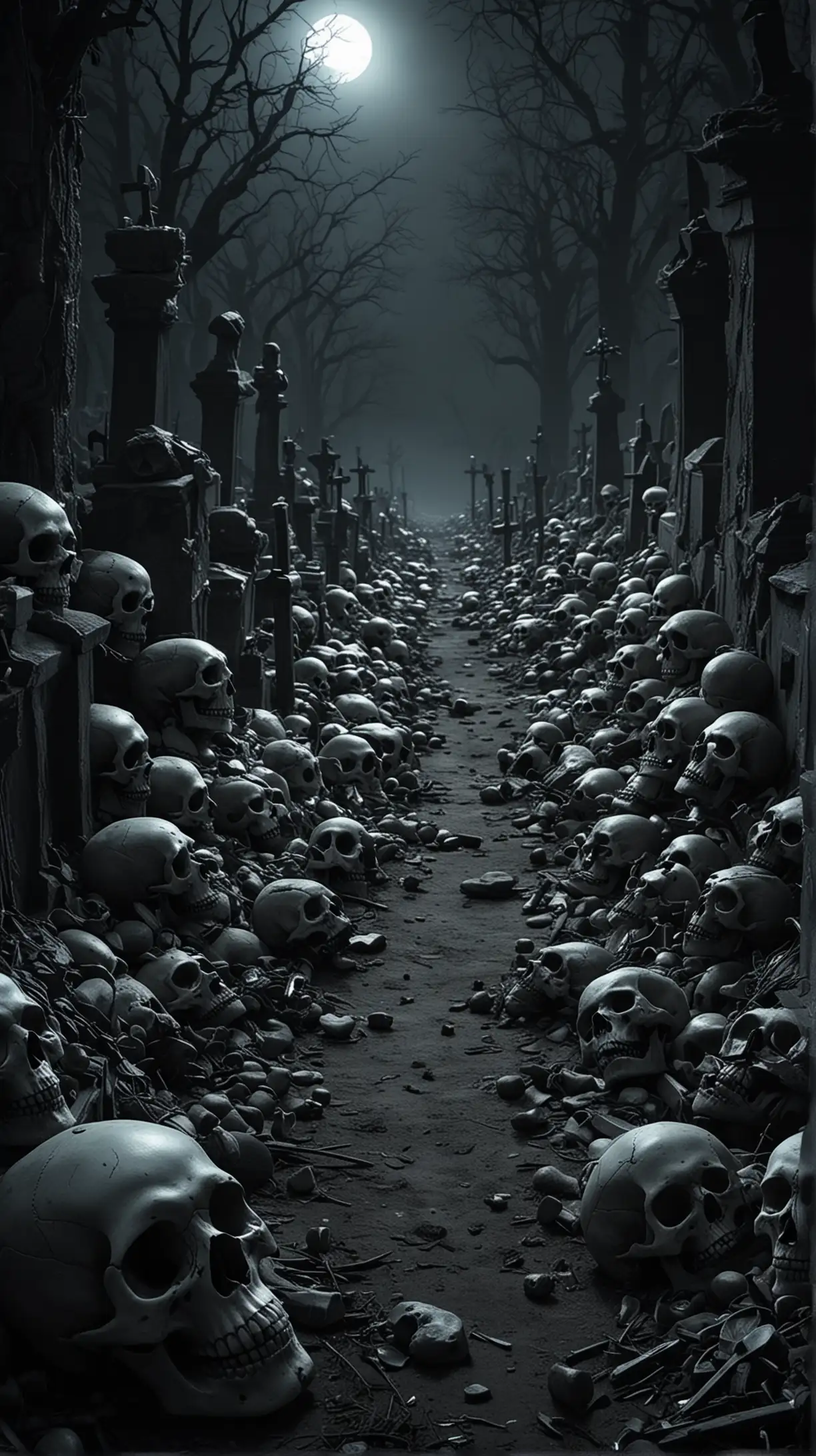 Make a mysterious and scary place, place full of skulls, cemetery of skulls, make it dark, very clear picture, 4k quality picture