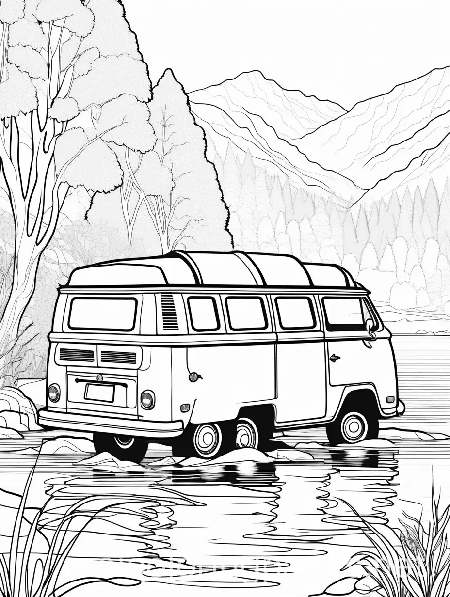 old hippie van by the river,  children , thick lines., Coloring Page, black and white, line art, white background, Simplicity, Ample White Space