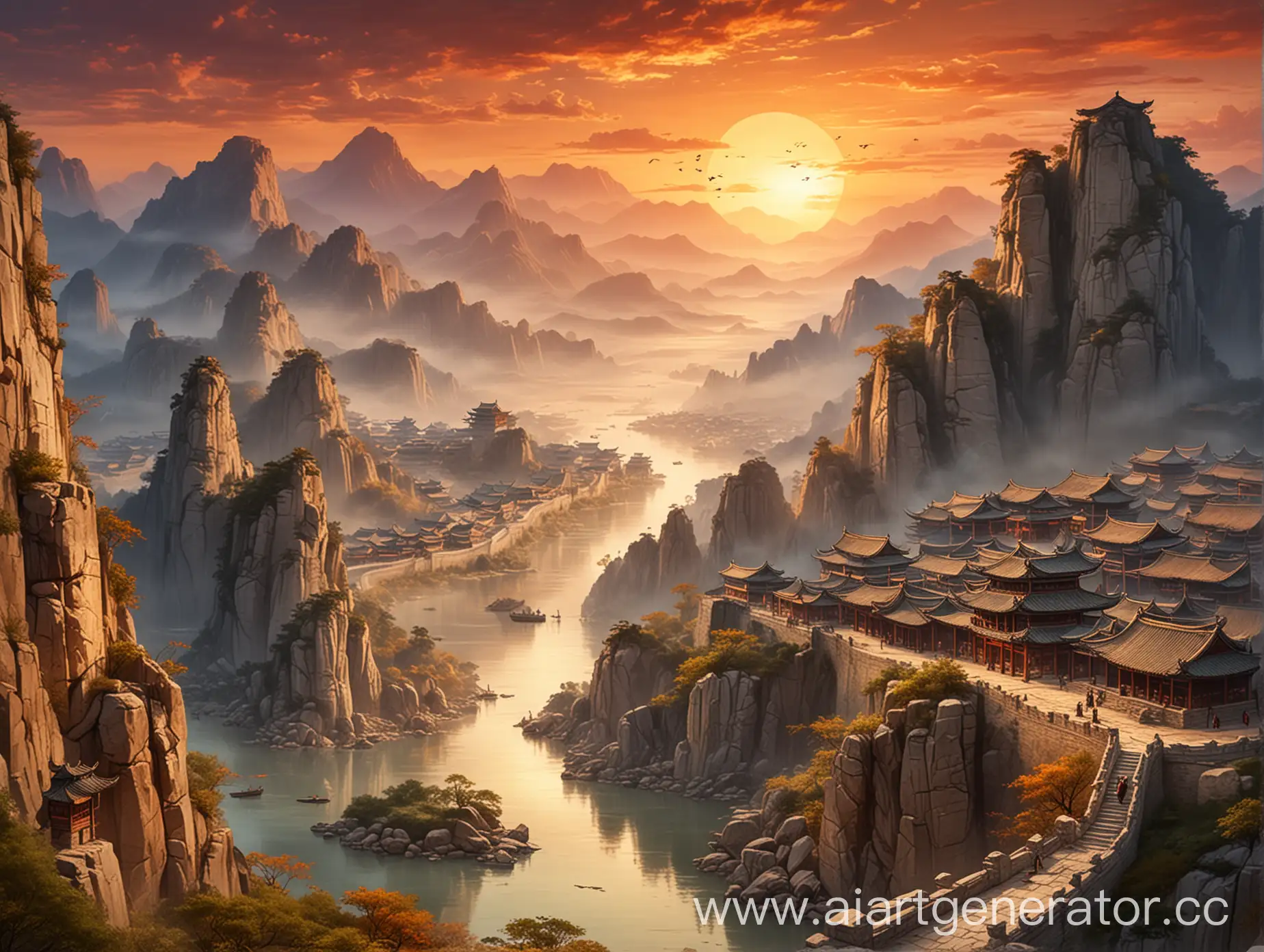 нарисуй древнее китайское поселение с стеной вокруг на фоне заката и гор
