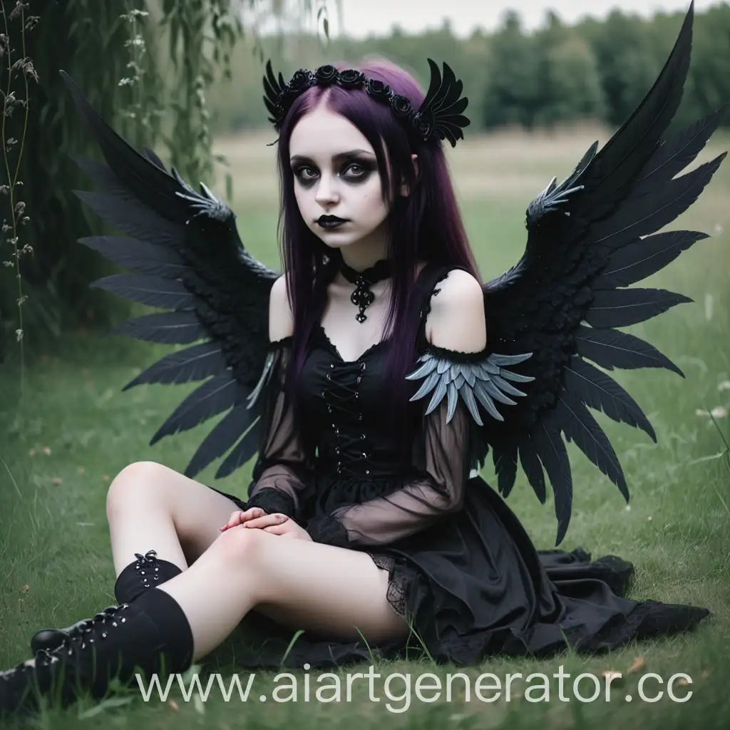 Gothic-Style-Girl-with-Wings-Sitting-on-Grass
