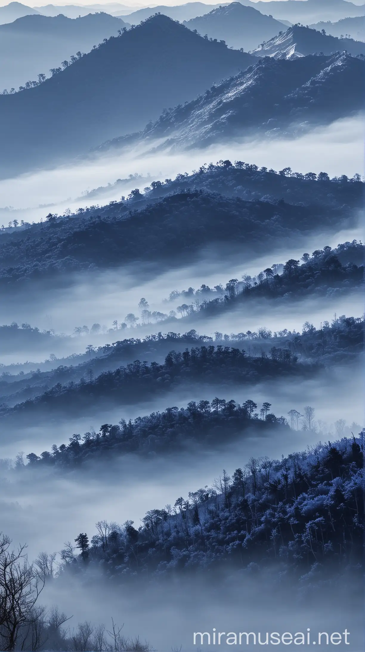 Mysterious Indigo Mountains Enveloped in Cold Mist