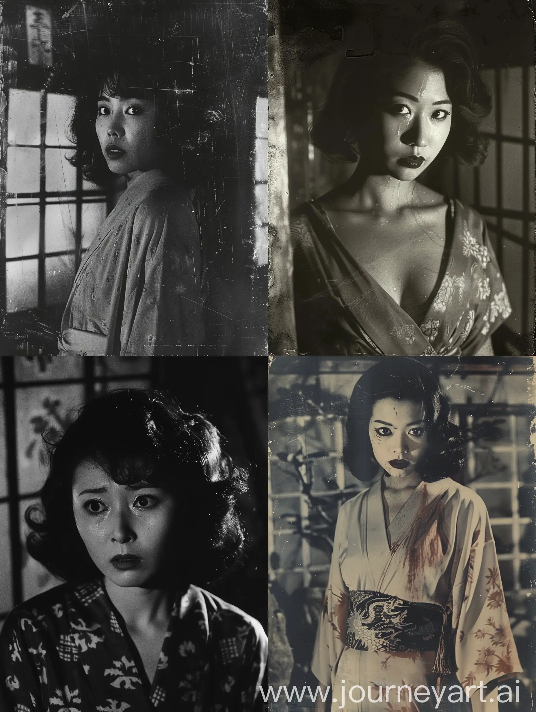 eerie, A deal with the Devil, japanese woman, vintage, 50's japan old pictures, horror, realism, cinematic 