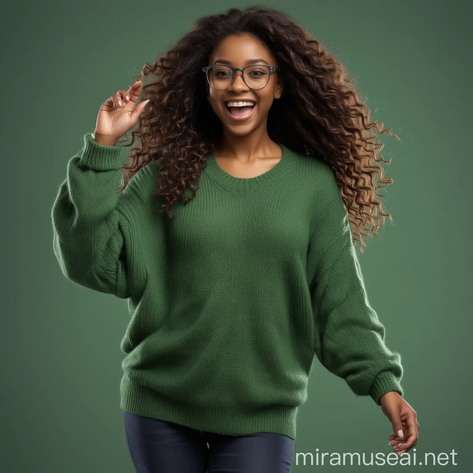 A black lady with long hair and eye glasses, on a green color sweater, smiling beautifully, dancing showing excitement looking directly at the camera, full body view, posing sexually on a dark studio background