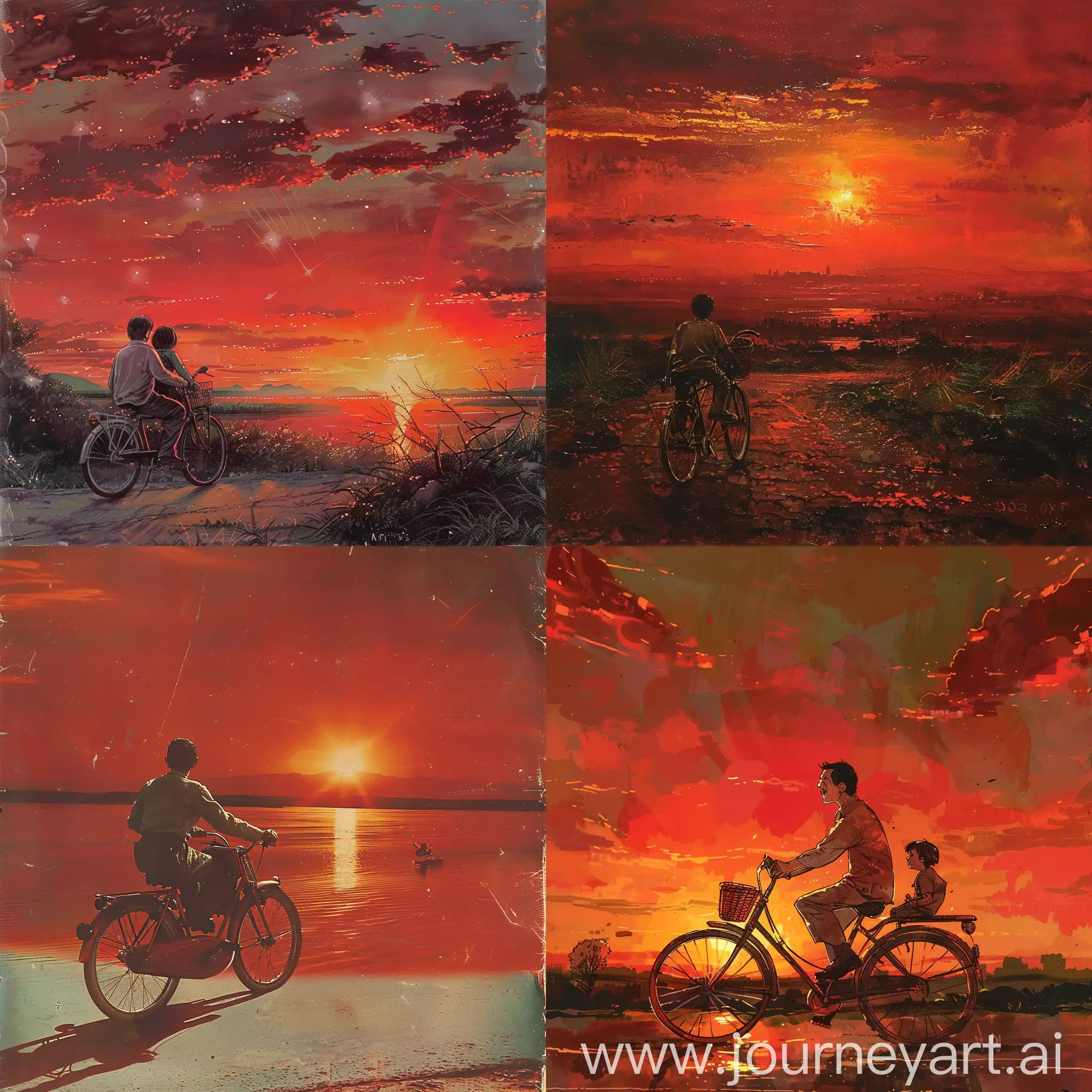 小时候我父亲骑着老式凤凰牌自行车，我坐在后座，沿着公路，夕阳西下，染红了天空