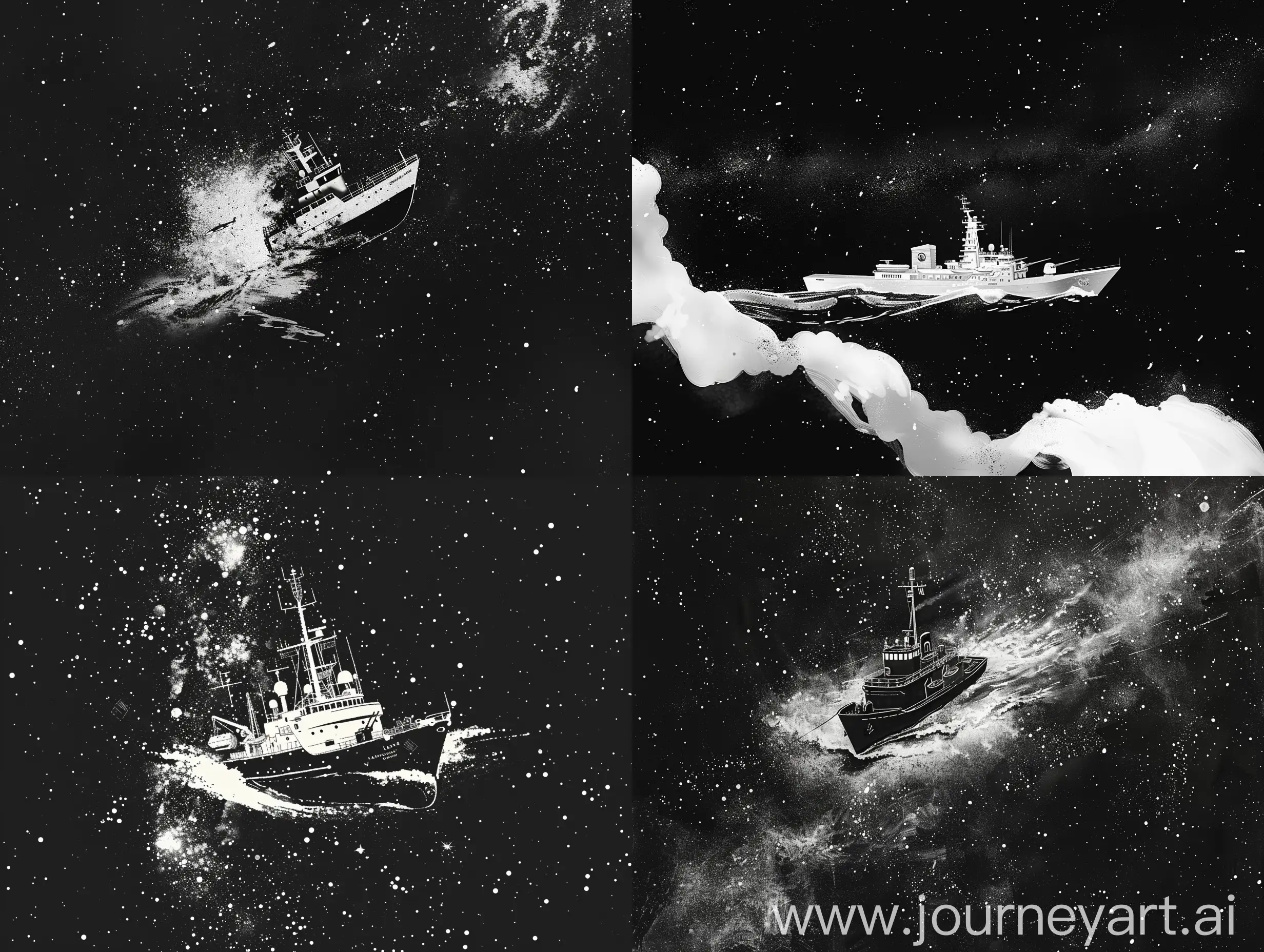 black and white minimal illustration of an icebreaker ship going through milky way space