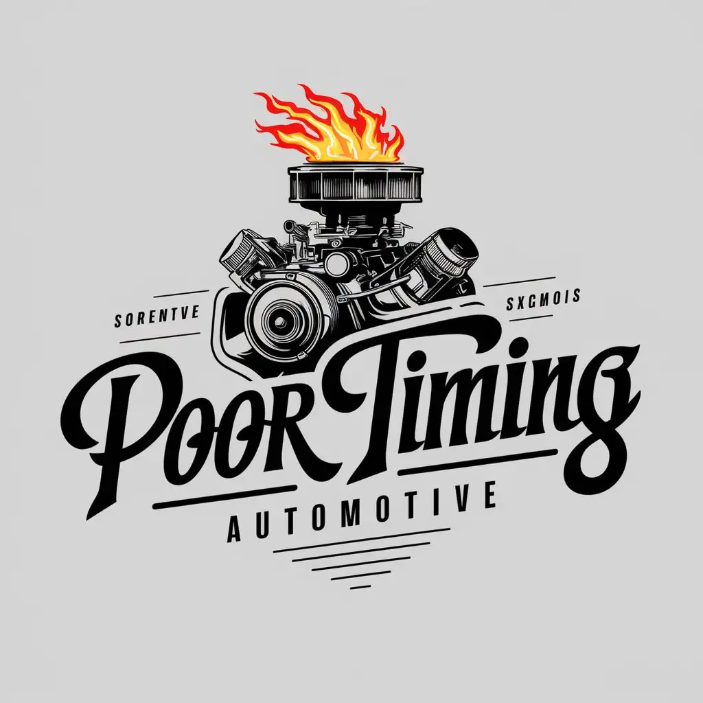a logo design,with the text "Poor Timing Automotive", main symbol:logo with a car engine with flames coming out of the carburetornwords in a script font,complex,be used in Automotive industry,clear background