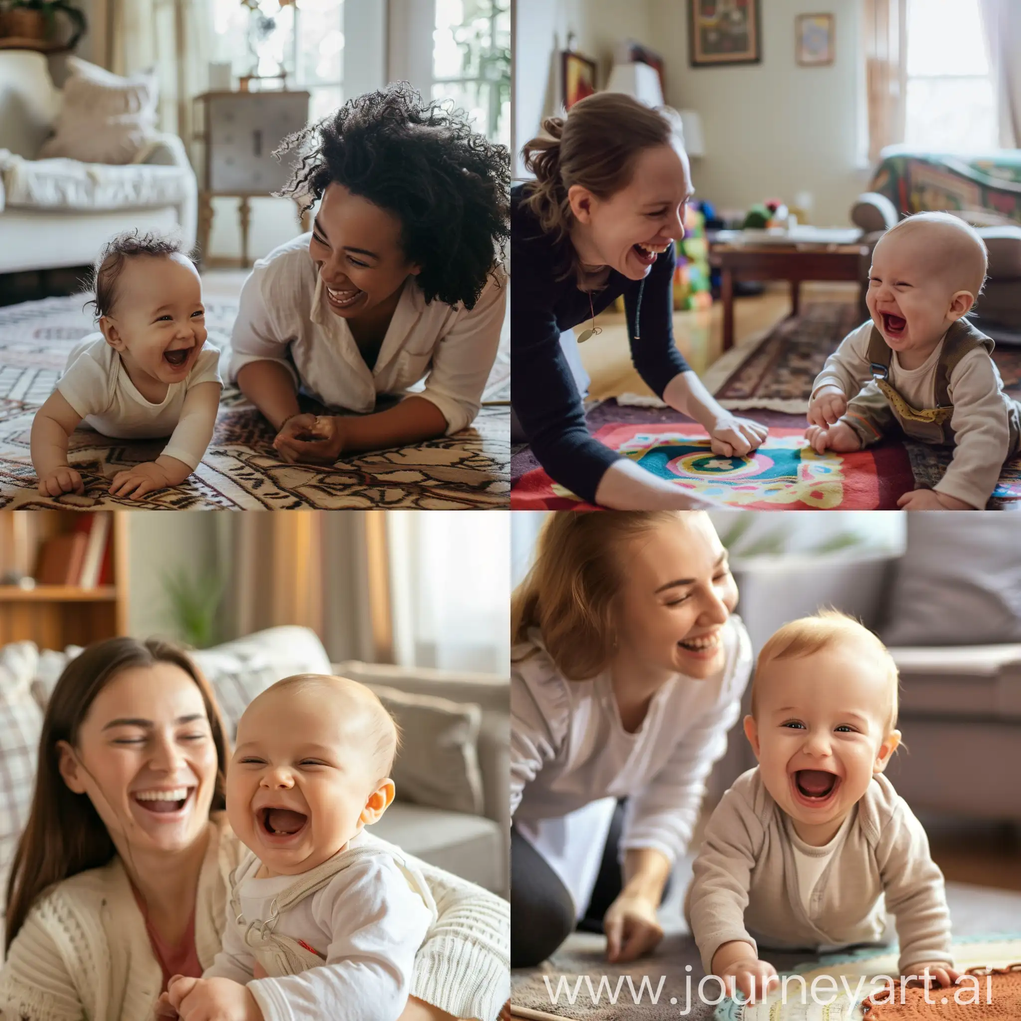 A nanny is seen playing with a baby in a living room. The nanny is smiling and the baby is laughing.
