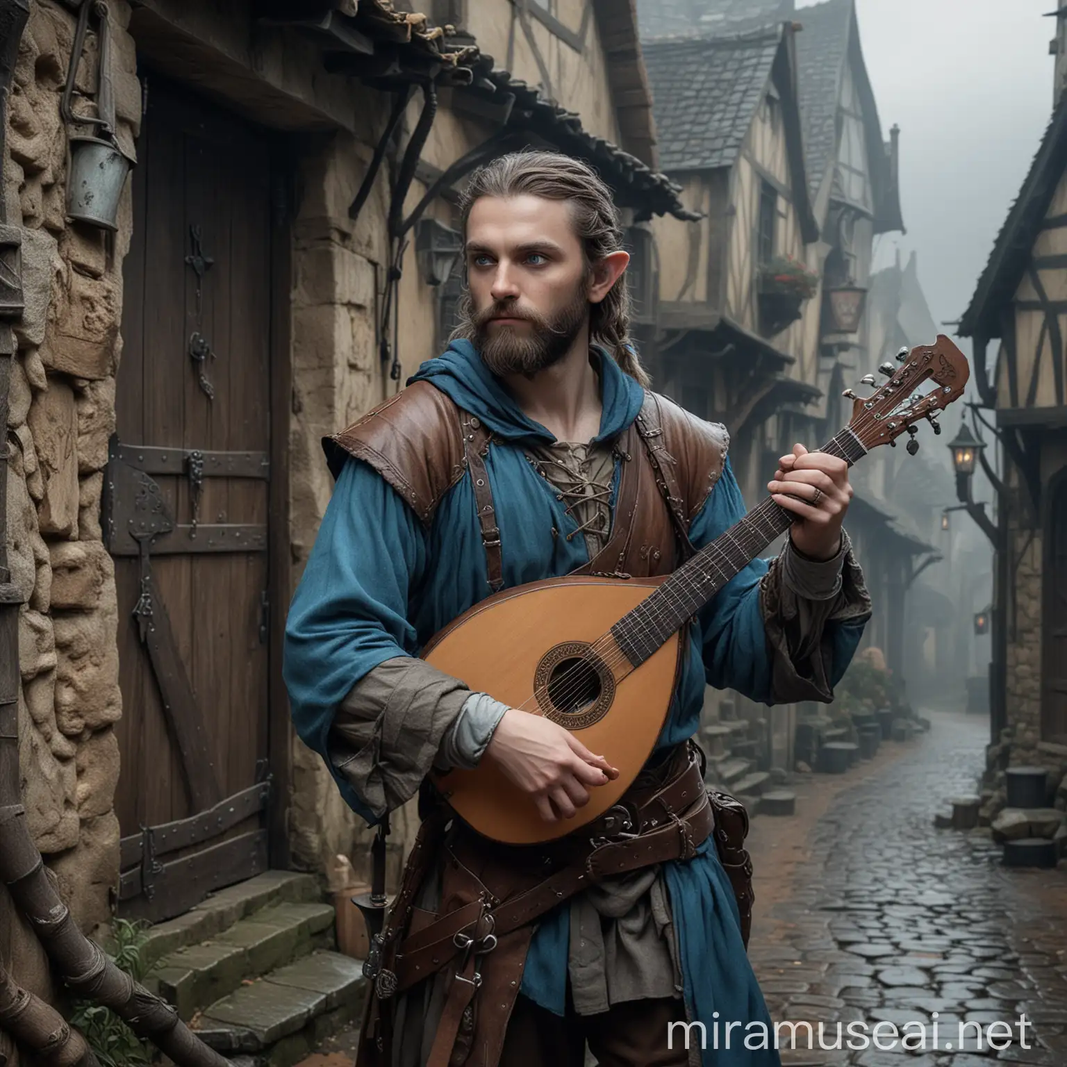 Enigmatic HalfElf Bard Playing Lute in Mysterious Medieval Village