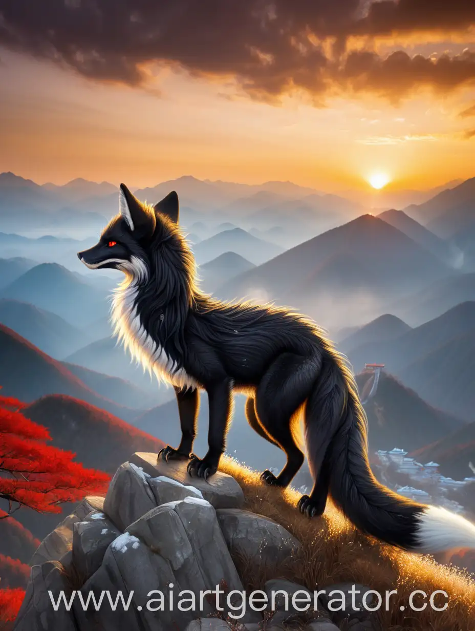 Black-Fox-and-White-Dragon-Meeting-at-Sunset-on-a-Majestic-Chinese-Mountain