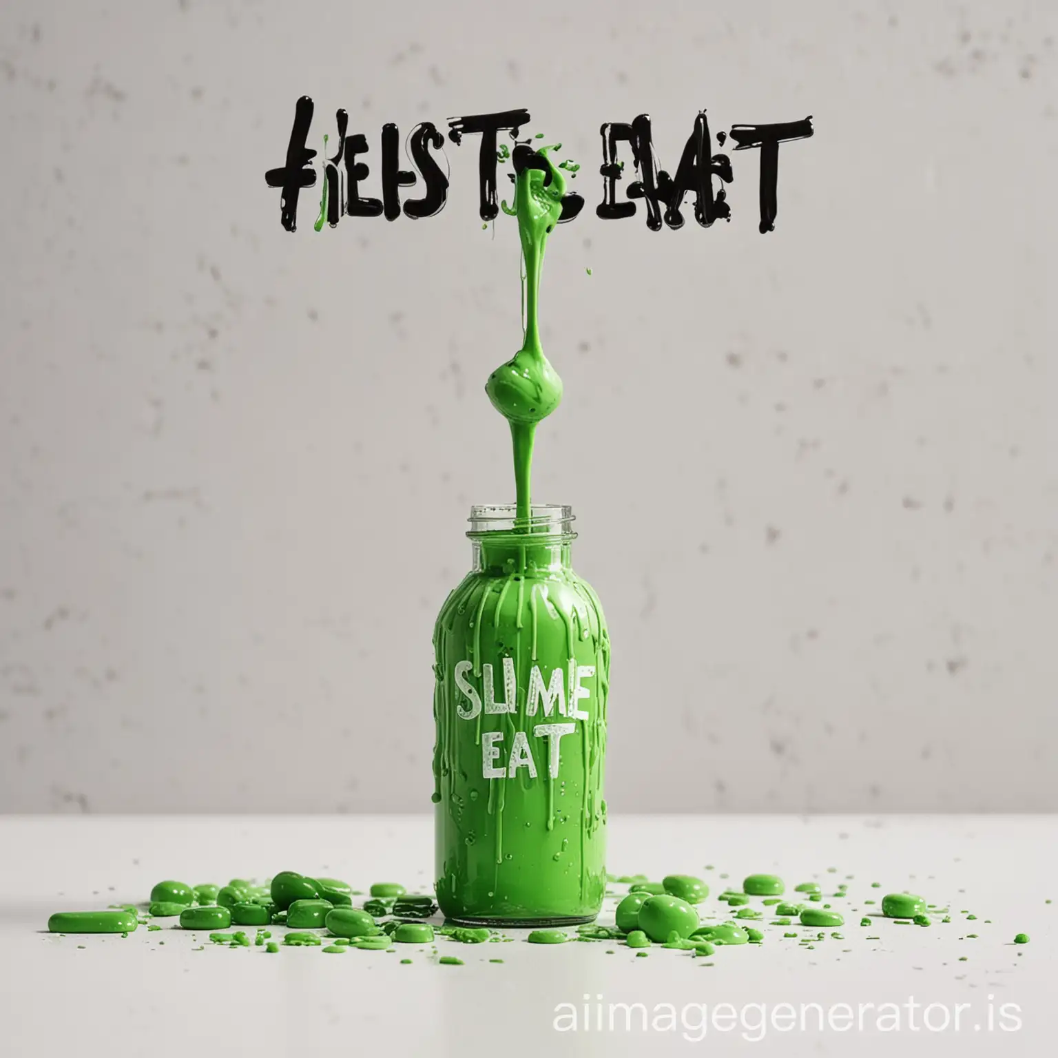 a white background with a medicine bottle with slime in it and slime coming out of the bottle with a sign that says pls eat