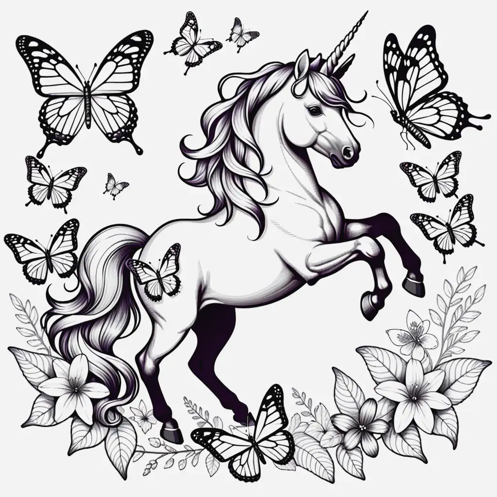 1 unicorn. 1 butterfly. for coloring book. 
