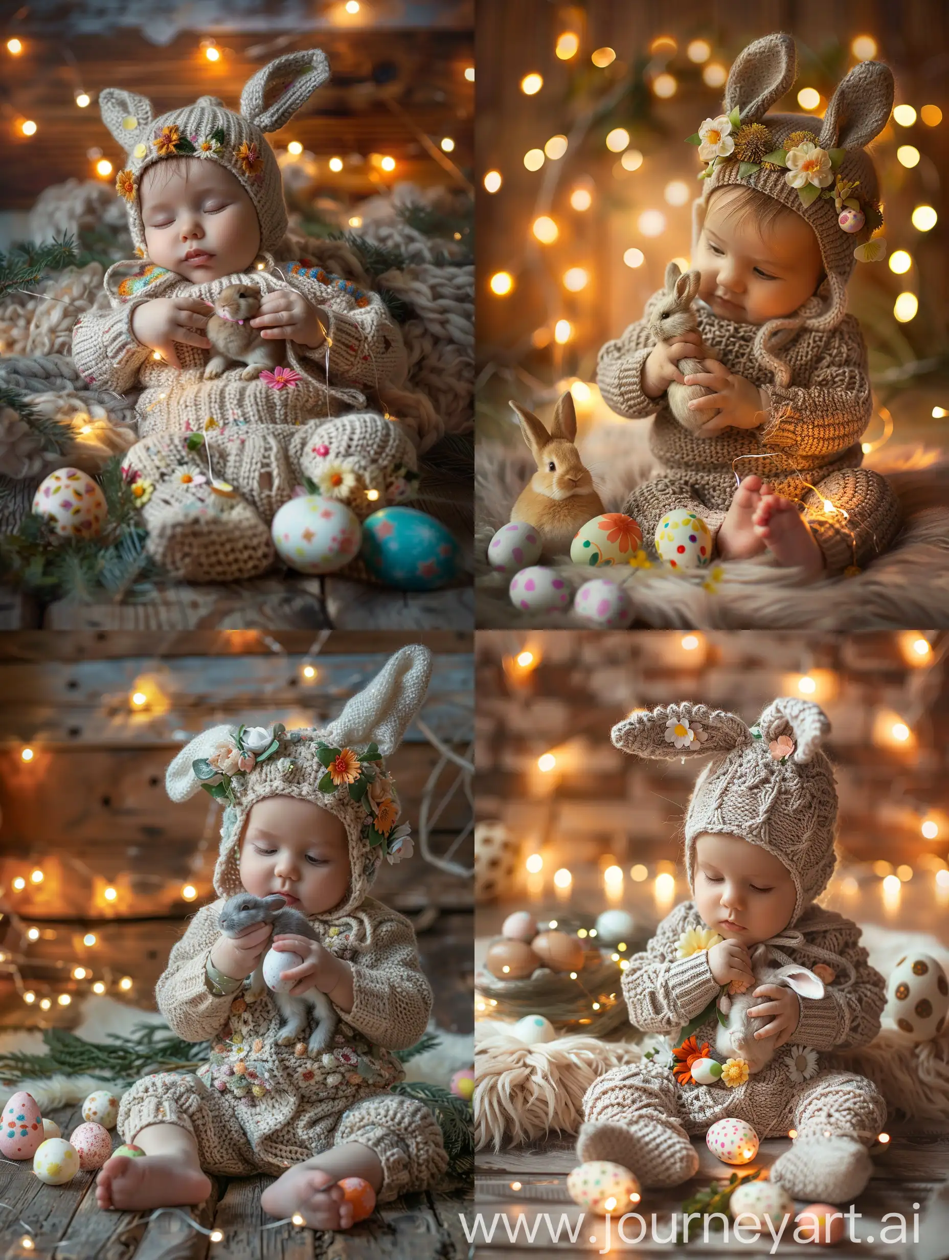 An infant is an infant in a knitted suit with bunny ears and flowers holding a small rabbit, Easter eggs are lying next to it, lights are burning on the background