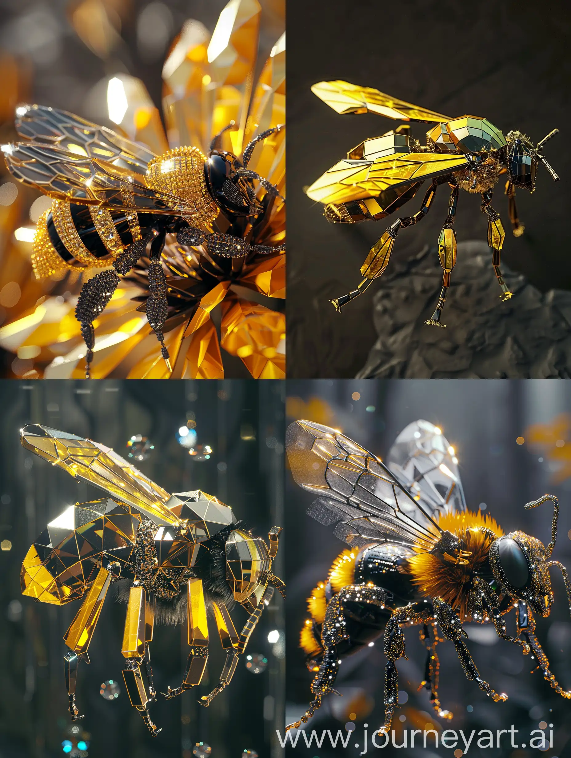 a diamond bee, yellow and black, piece of art, museum ambient, shine, cinematic, 3d render, hyper realistic