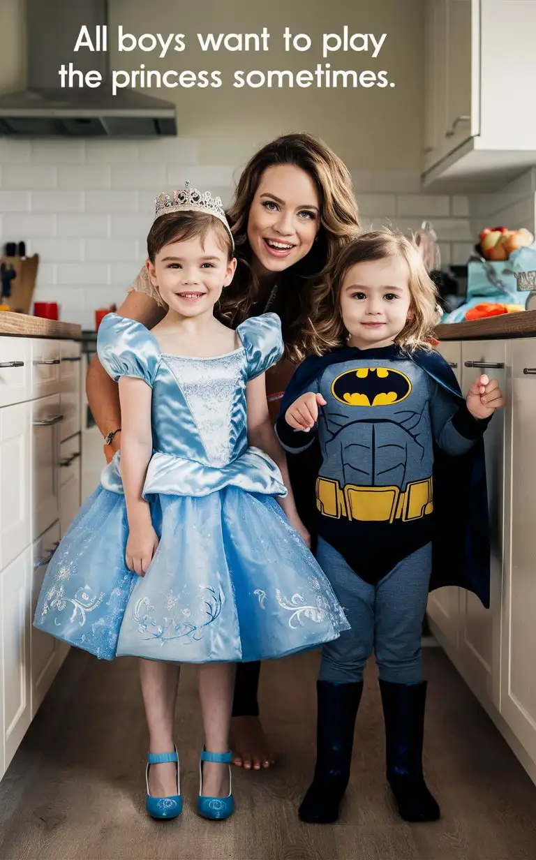 Gender role-reversal, Photograph of a mother dressing her young son, a cute boy age 8 with short smart quiffed hair shaved on the sides, up in a blue Cinderella Princess dress with plastic high-heel shoes, and her young daughter, a girl age 7 with long hair in braids, is dressed up in a Batman superhero suit, in a kitchen for fun, adorable, perfect children faces, perfect faces, clear faces, perfect eyes, perfect noses, smooth skin, upper captions “All boys want to play the princess sometimes”