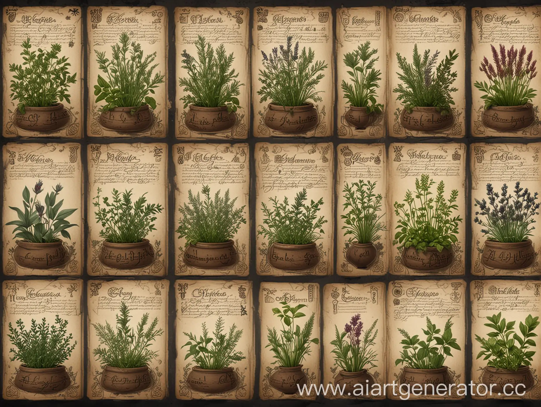 Medieval-Style-Herbal-Illustrations-on-Dark-Background-with-Gothic-Script-Inscriptions