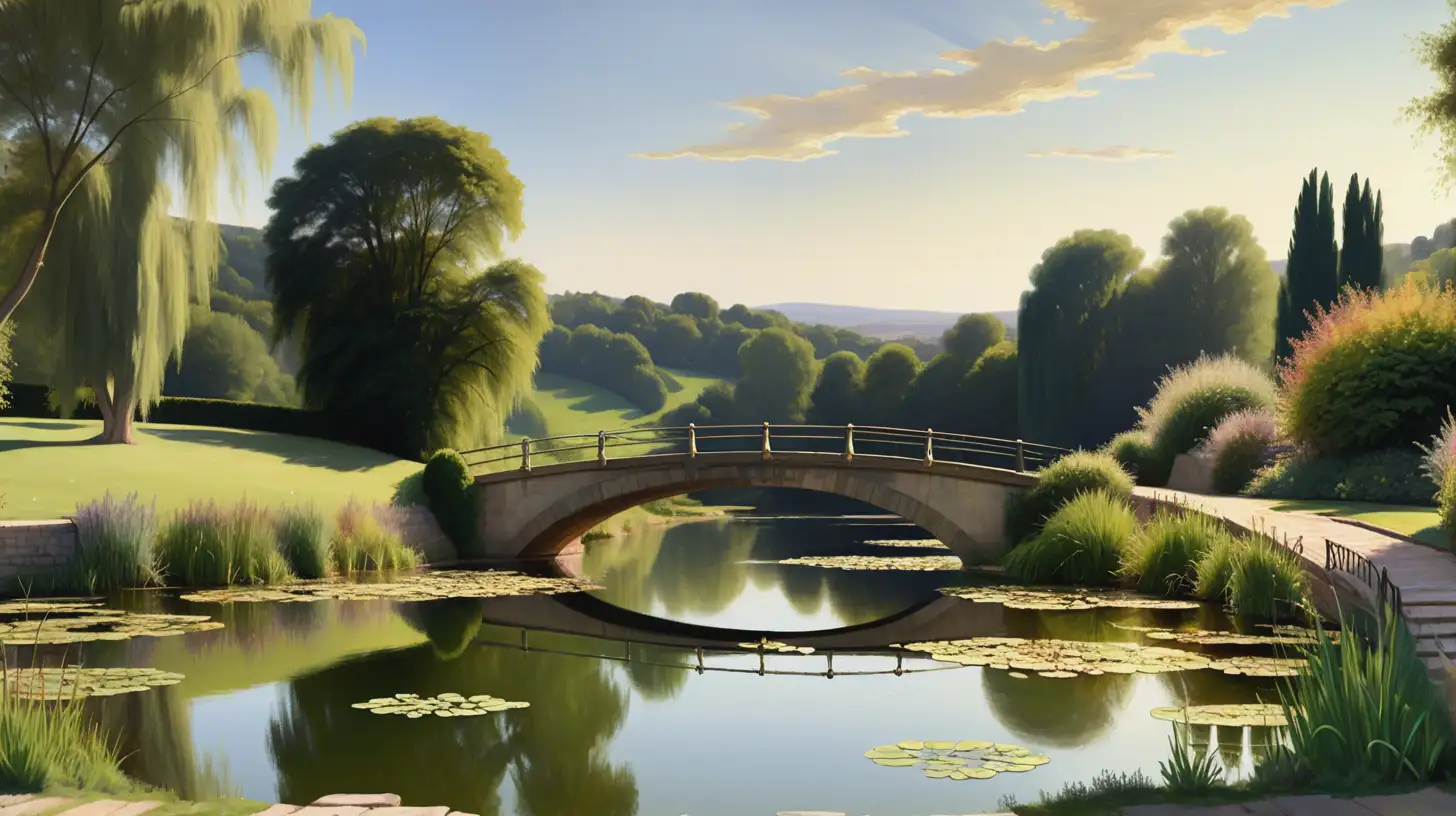 create a manet style landscape of a large pond with a bridge overlooking hills at the end of the day sunlight coming from the rightside