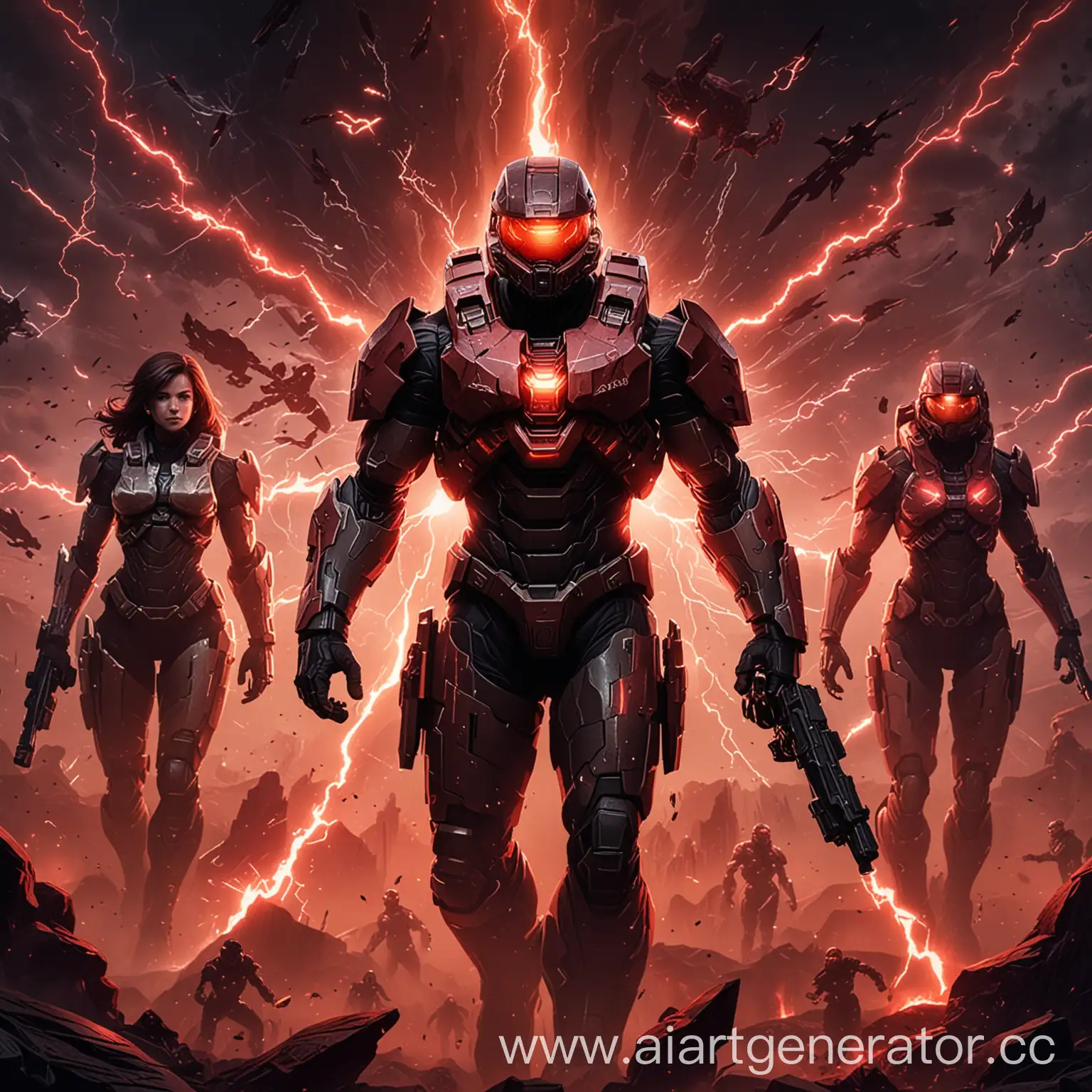Персонаж из игры Halo infinity с молниями, красными и черными оттенками и с надписью Shadow