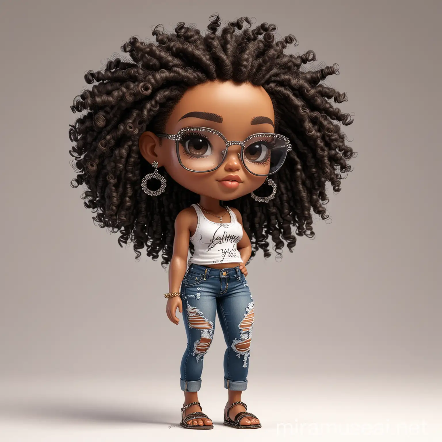 Create a absract art style image chibi image of a black female with shoulder length tightly curl afro in bun, black silky and brown eyes. Long eye lashes wearing a torn jeans and tank top with diamond studded "pretty" on the front, sandals , plus size body style. Diamond studded glasses and hoop earrings forward facing, 2k, white background