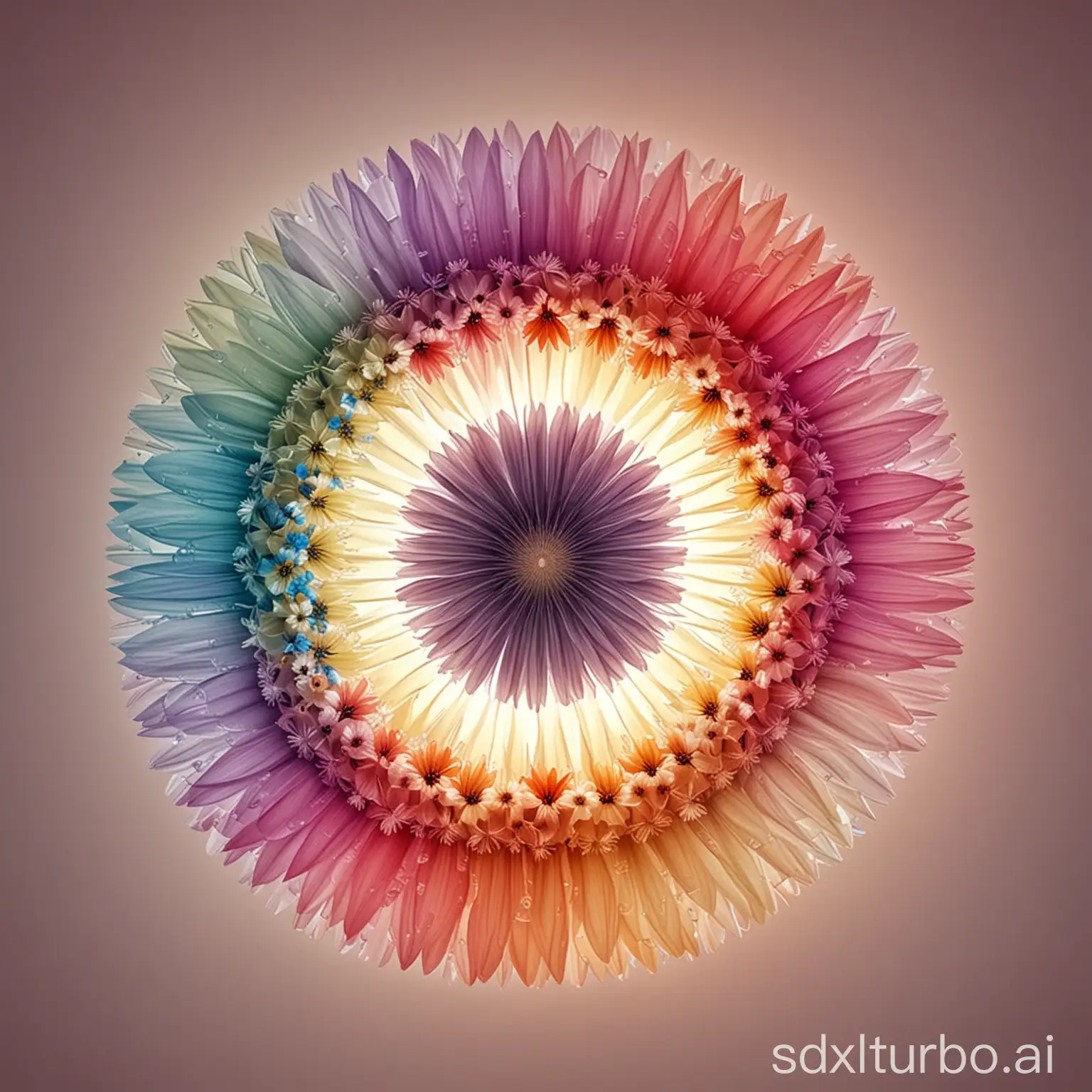 radial composition with flowers in translucent colors --v 6.0