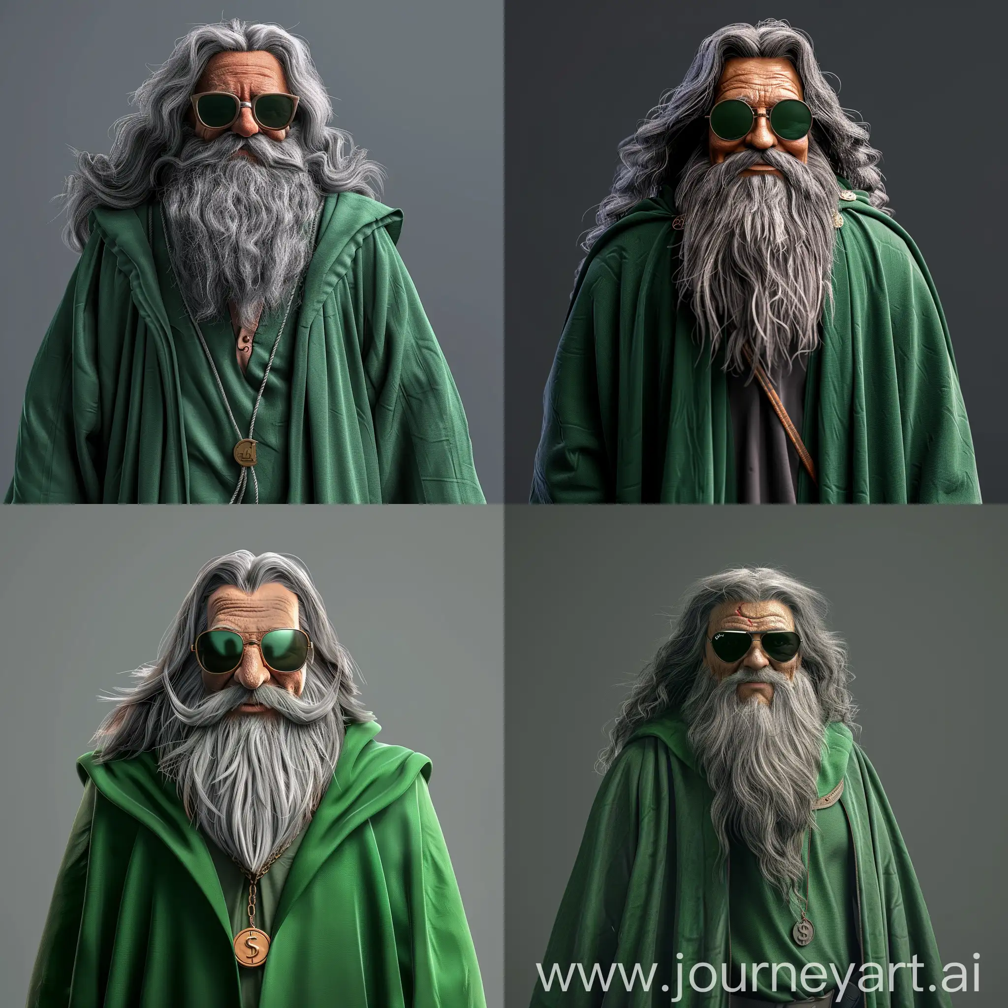 Whimsical, old gray haired wizard in a green robe. He is wearing sunglasses. He is the money wizard. He has a long gray beard. He is smiling. He is jolly and very happy. Hyper realistic, detailed, 4K  - style raw