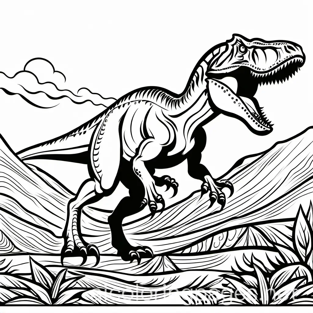 An Allosaurus charging towards its prey, its sharp teeth bared...Coloring Page, black and white, line art, white background, Simplicity, Ample White Space. The background of the coloring page is plain white to make it easy for young children to color within the lines. The outlines of all the subjects are easy to distinguish, making it simple for kids to color without too much difficulty, Coloring Page, black and white, line art, white background, Simplicity, Ample White Space. The background of the coloring page is plain white to make it easy for young children to color within the lines. The outlines of all the subjects are easy to distinguish, making it simple for kids to color without too much difficulty