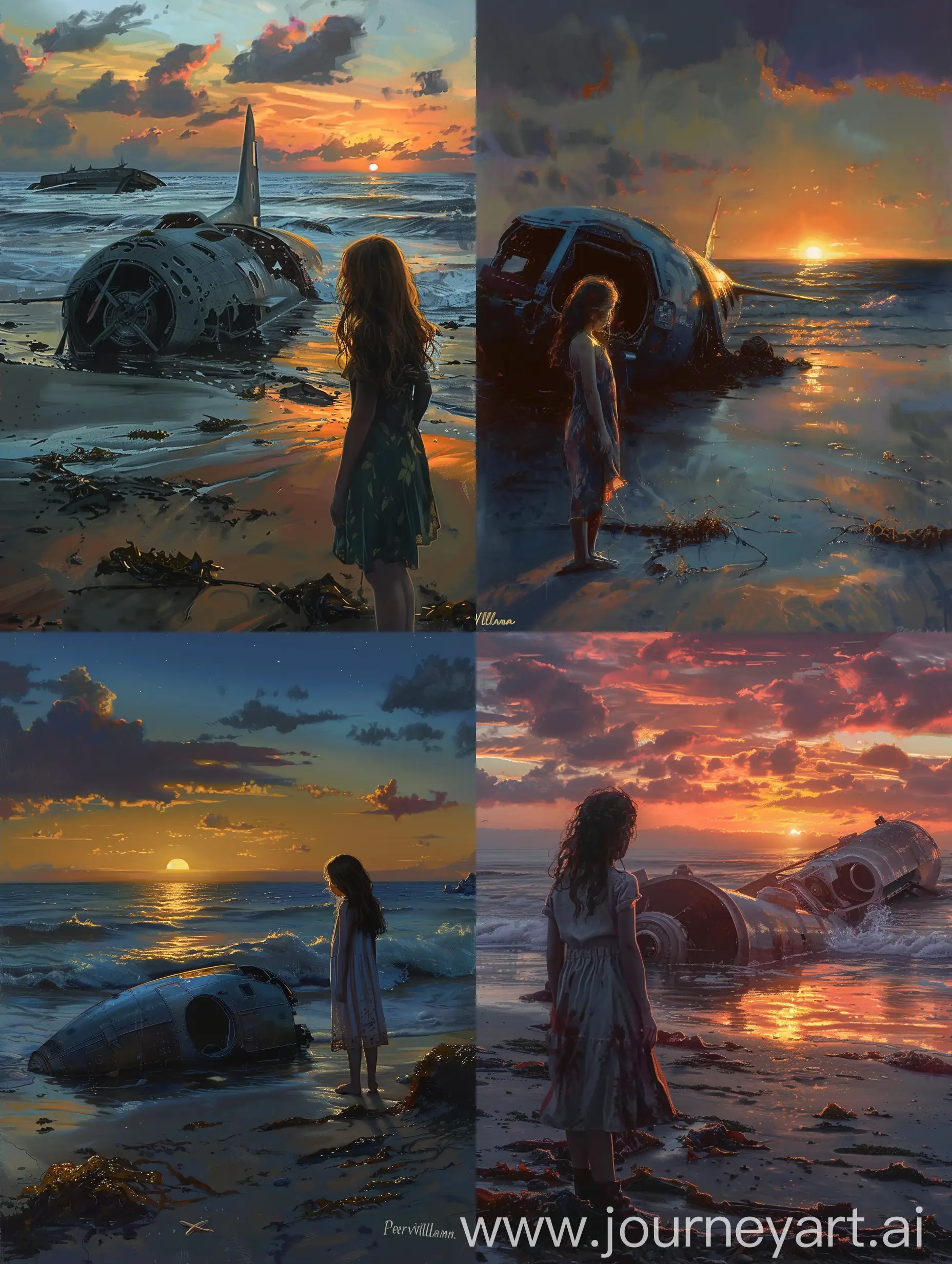 girl by the seashore at sunset looking ar a stranded half-sunken spaceship by Peter Wileman