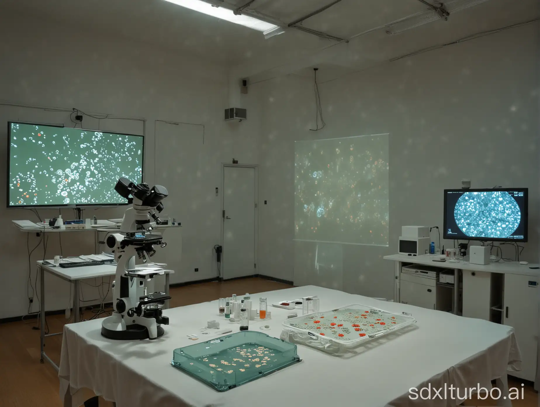 table in the middle of a room. on the table: scientific equipment and a confocal microscope observing a petri dish with yeast culture. in the background: a live projection of the reaction.