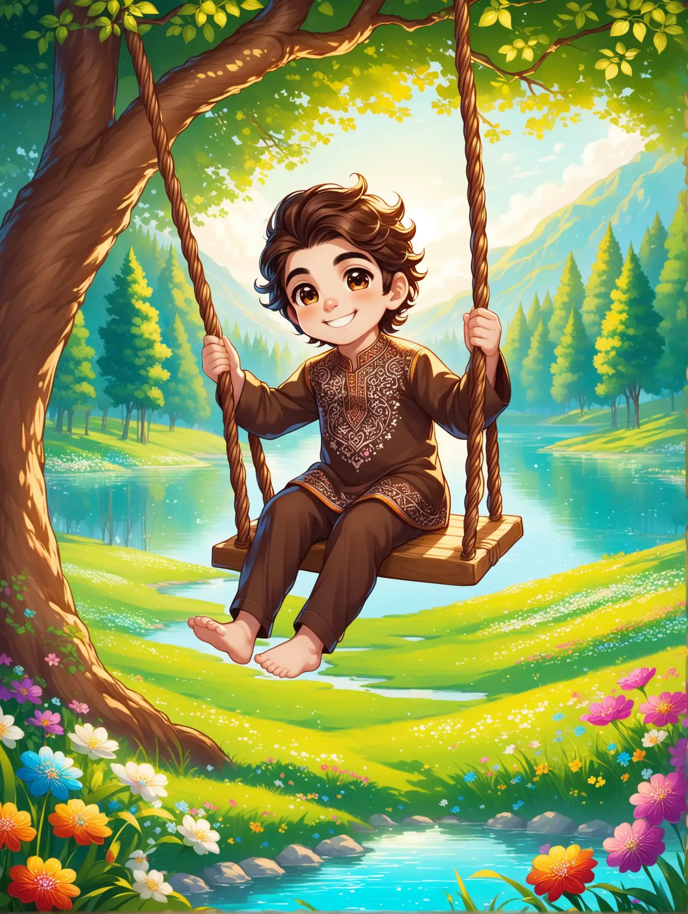 Persian Boy Swinging in Spring Forest by the Lake