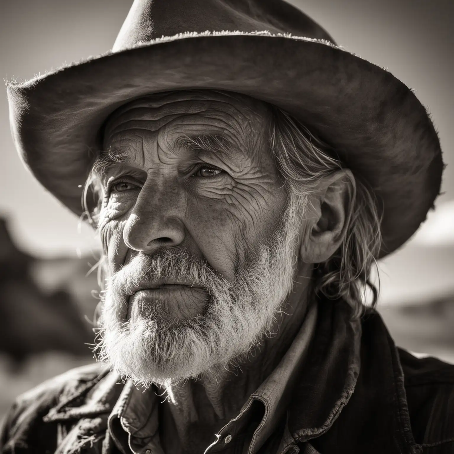 Portrait of Weathered Mountain Man in Cowboy Hat Gazing into the Distance