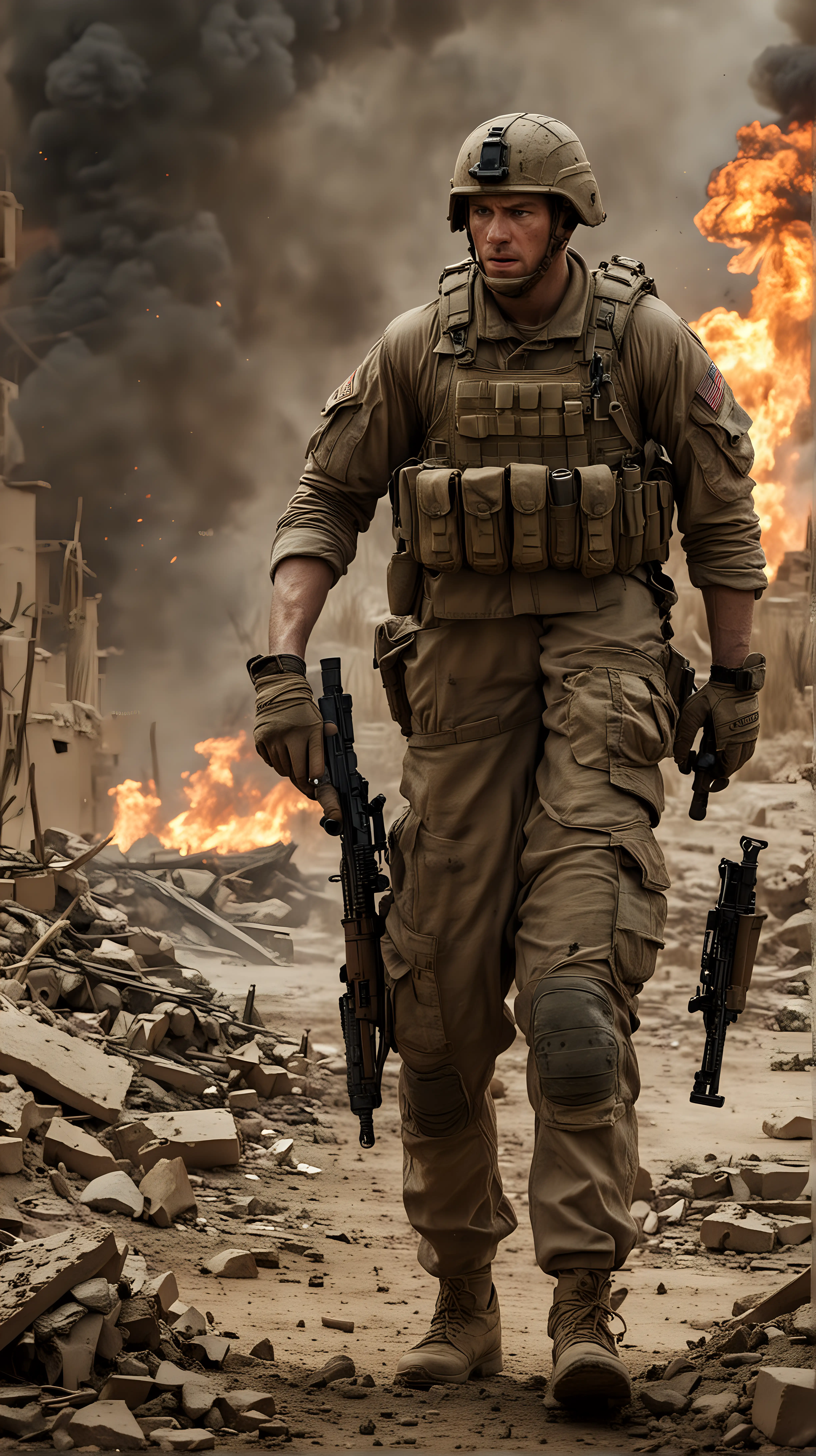 Combat Action
Illustrate a tense firefight scene, highlighting Ryan's courage and resilience amidst the chaos of battle.
Caption: "Amidst the chaos of war, Ryan stands firm, courageously facing the enemy in the heat of combat."