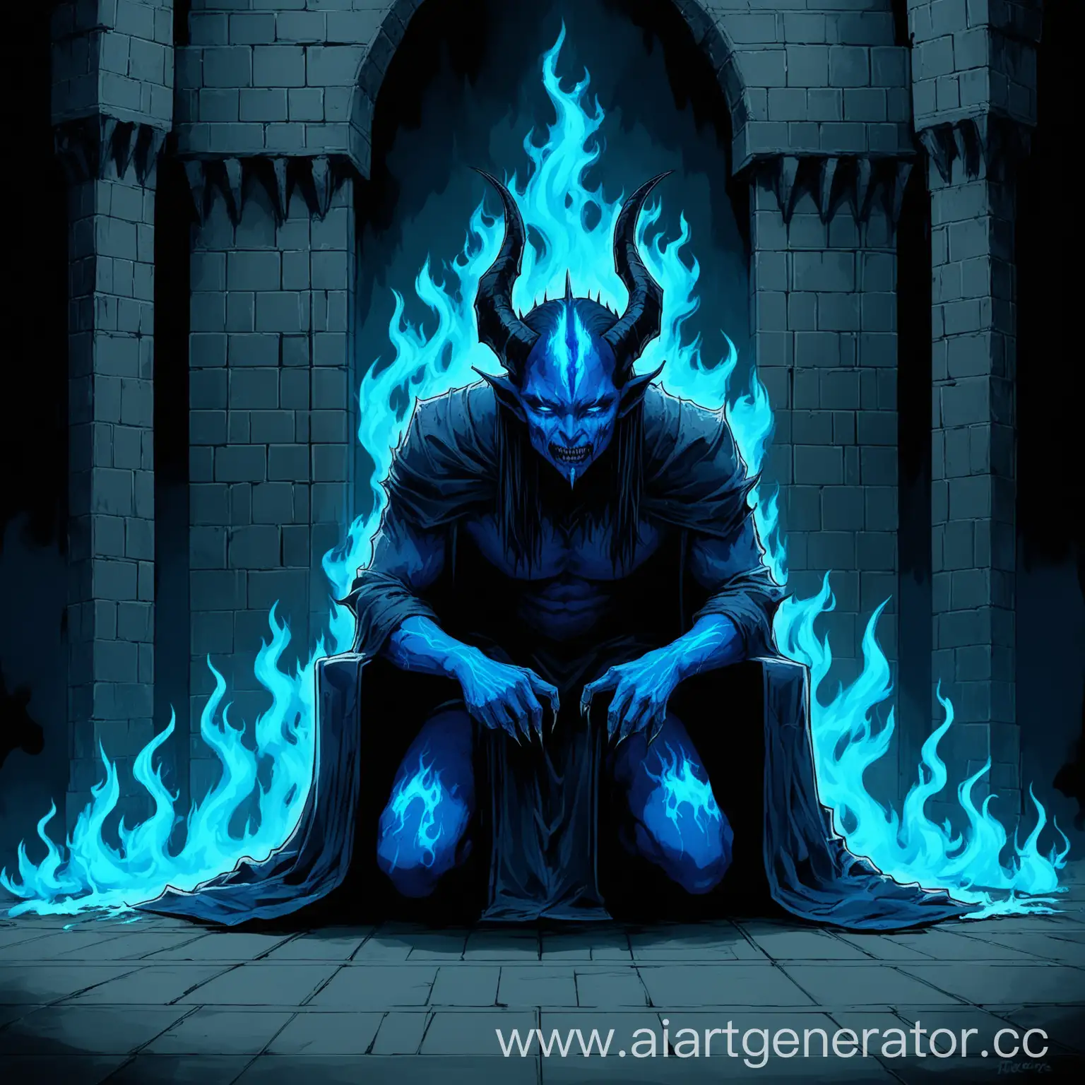 BlueFaced-Demon-Kneeling-Before-Throne-in-Castle