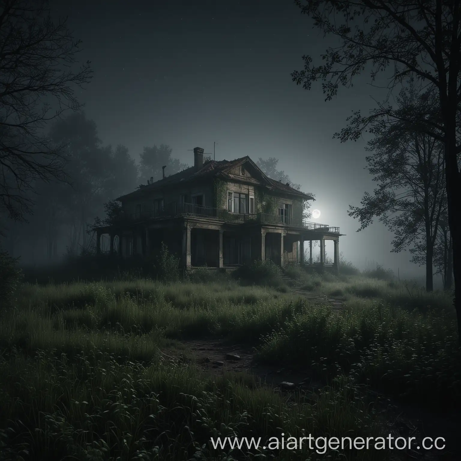заброшенный старый одноэтажный
 домик в лесу, ночь, лучи света от луны, реализм, туман, камера вид из кустов