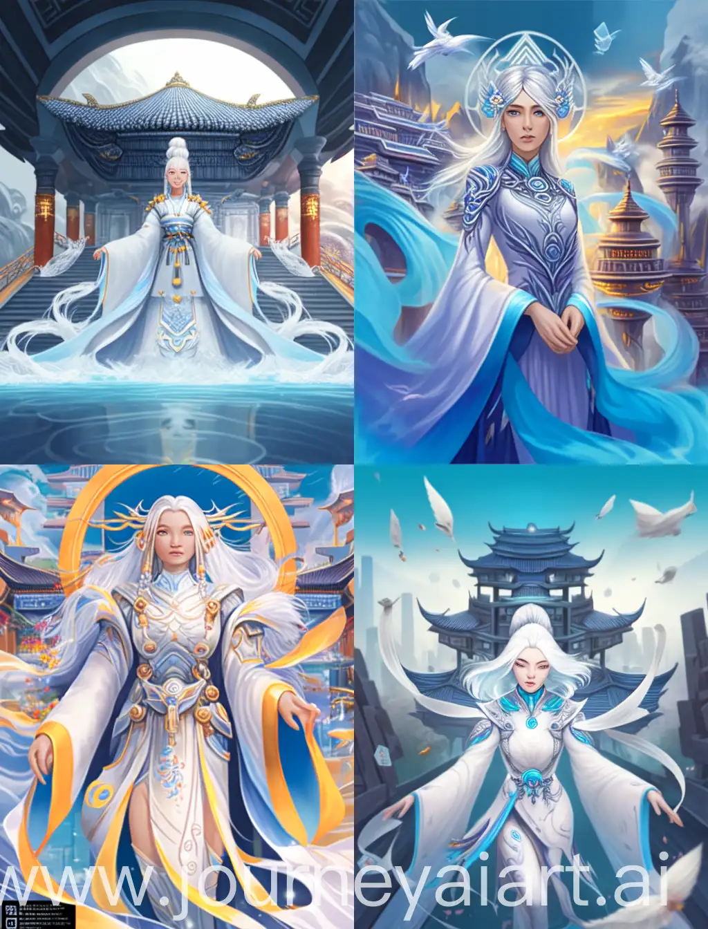 a woman with flowing white hair and ocean blue eyes, she is wearing loose cultivator robes, she has a hour glass body shape, she is very beautiful, oprressive feeling, 8k, masterpiece, ultra high res, stylistic, dynamic shot, interesting background, Chinese artitechture background, detailed background, xianxia style,