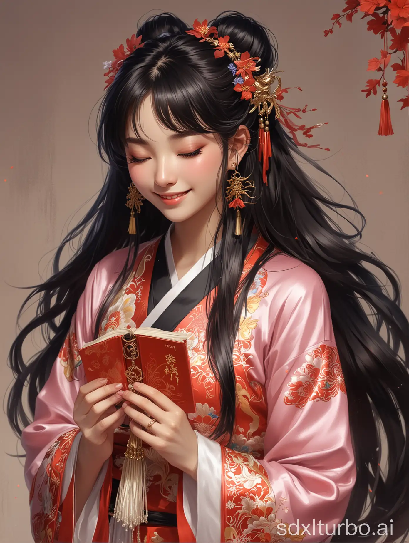 1girl, solo,smile, long hair, bangs, black hair, hair ornament, long sleeves, holding, jewelry, closed mouth, closed eyes, upper body, flower, earrings, book, chinese clothes, tassel, dragon, eastern dragon