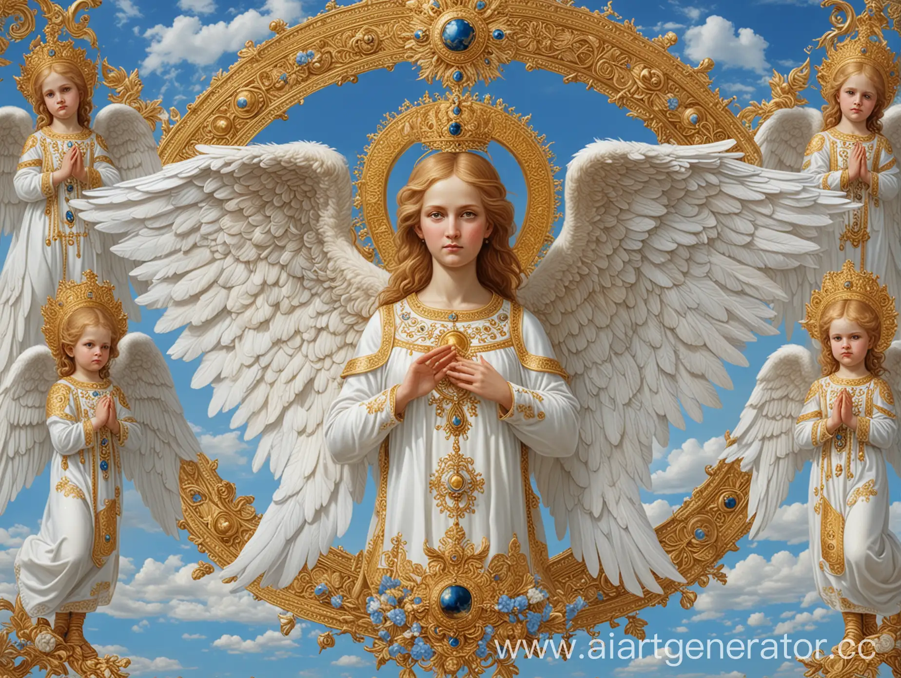Высшие ангелы серафимы, руки и белые крылья, королевская семья Романовых, золотой и белый цвет, мелкие узоры, голубое небо