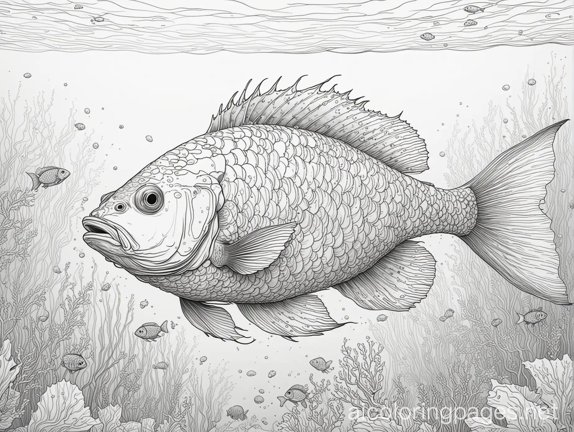 underwater view of a large fish with beautiful scales swimming around other smaller fish in a pond, Coloring Page, black and white, line art, white background, Simplicity, Ample White Space. The background of the coloring page is plain white to make it easy for young children to color within the lines. The outlines of all the subjects are easy to distinguish, making it simple for kids to color without too much difficulty